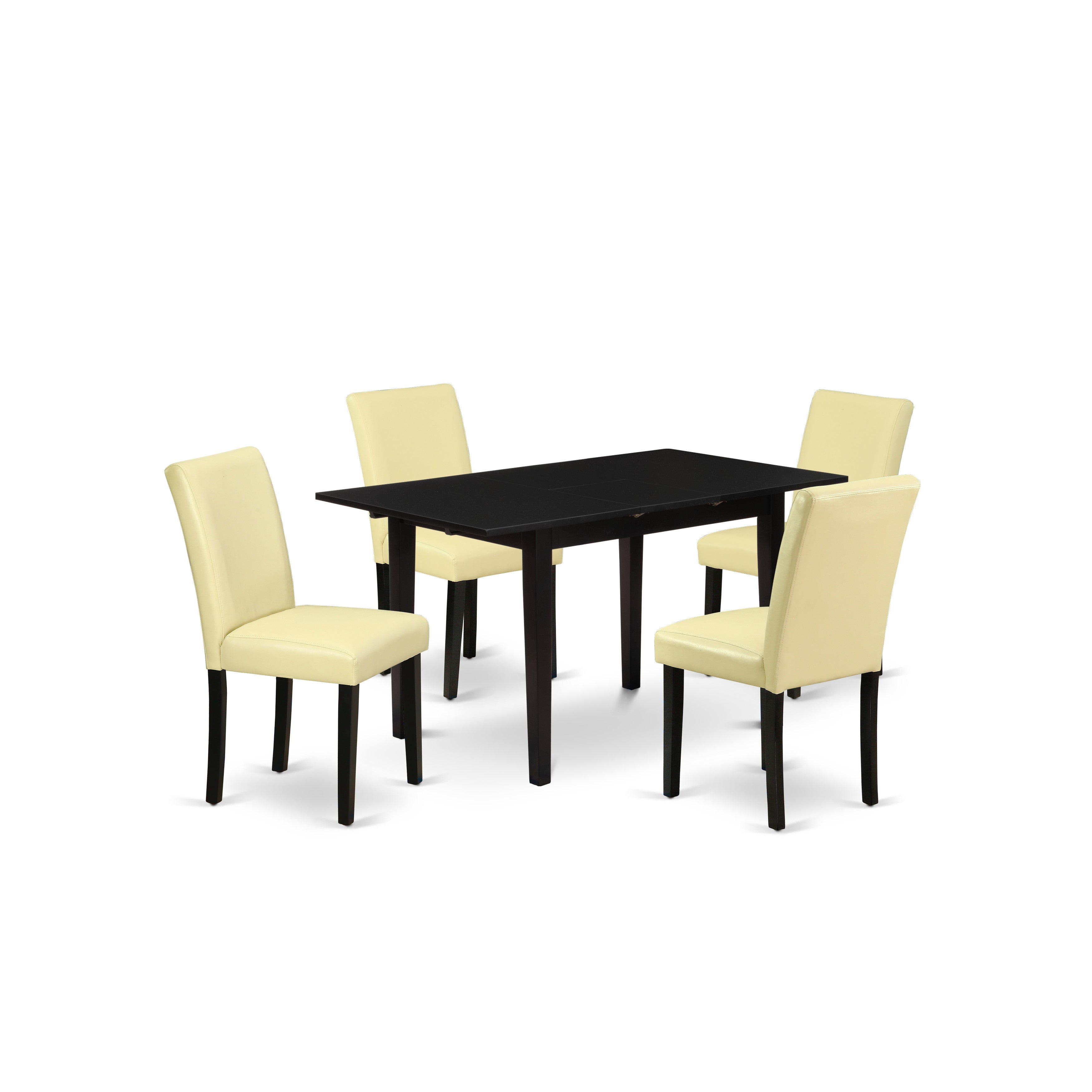 El juego de comedor de 5 piezas East West Furniture NOAB5-BLK-73 incluye una mesa de comedor rectangular con diseño de hojas de mariposa y 4 sillas de comedor Parson de cuero sintético color ponche de huevo.