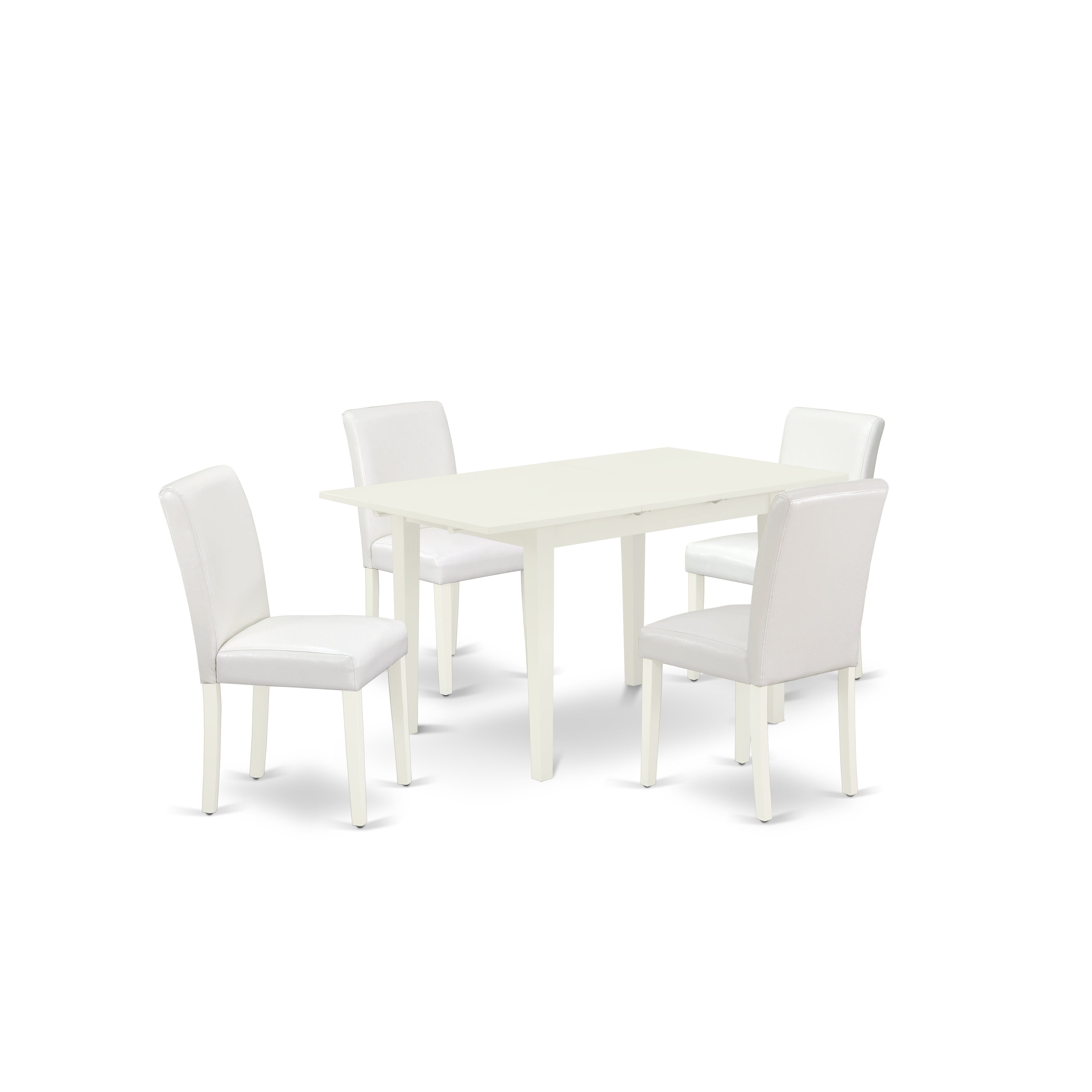 Juego de mesa de comedor moderna de 5 piezas East West Furniture NOAB5-LWH-64. Incluye una mesa rectangular de madera con diseño de hojas de mariposa y 4 sillas tapizadas en piel sintética blanca.