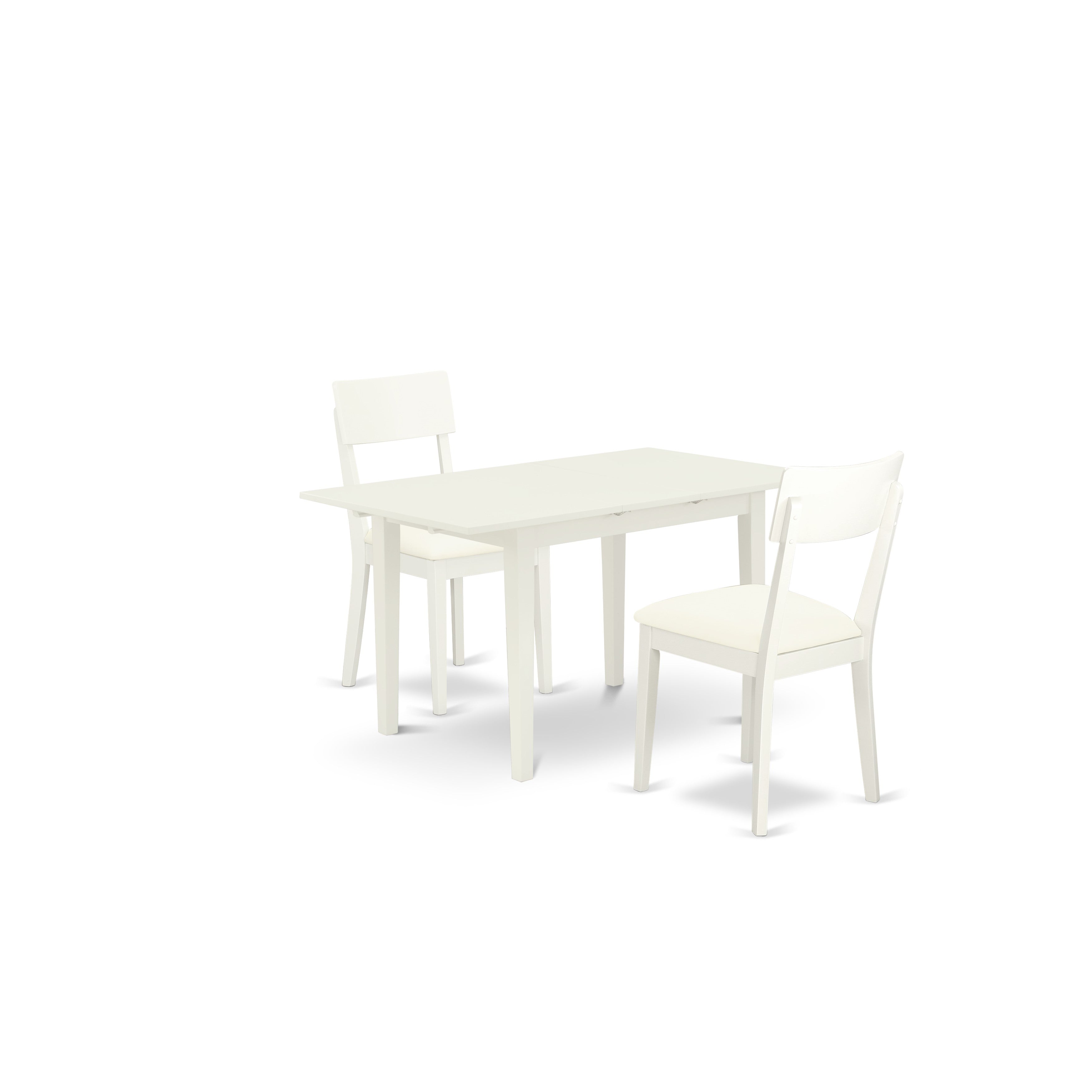 Juego de comedor de 3 piezas East West Furniture NOAD3-LWH-LC. Incluye una mesa rectangular de madera con diseño de hojas de mariposa y dos sillas de comedor de cocina de piel sintética.
