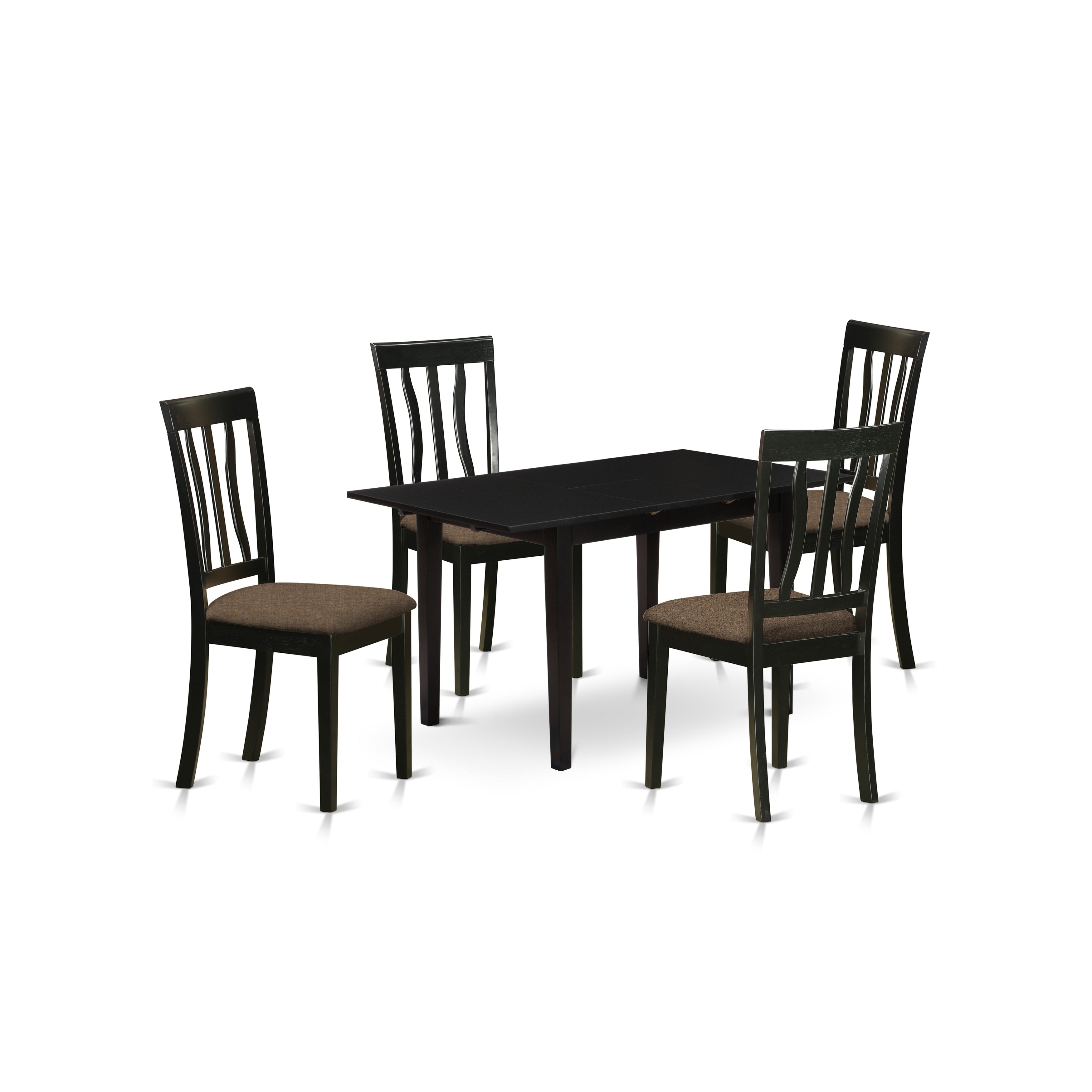 Juego de mesa de comedor East West Furniture NOAN5-BLK-C de 5 piezas para 4 personas. Incluye una mesa de cocina rectangular con diseño de hojas de mariposa y 4 sillas tapizadas en tela de lino.