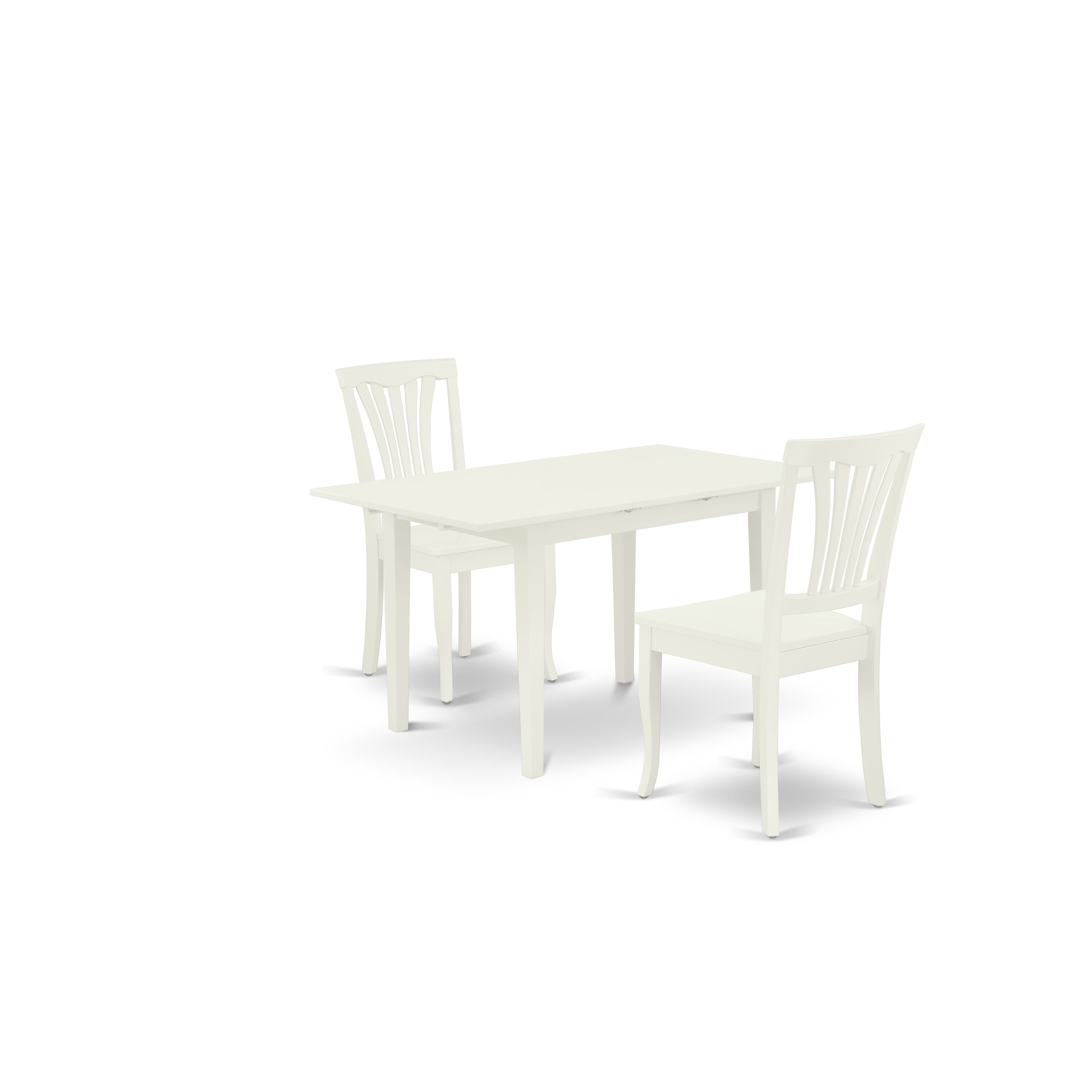 Juego de comedor de 3 piezas East West Furniture NOAV3-LWH-W. Incluye una mesa de comedor rectangular con hojas de mariposa y 2 sillas con asiento de madera.