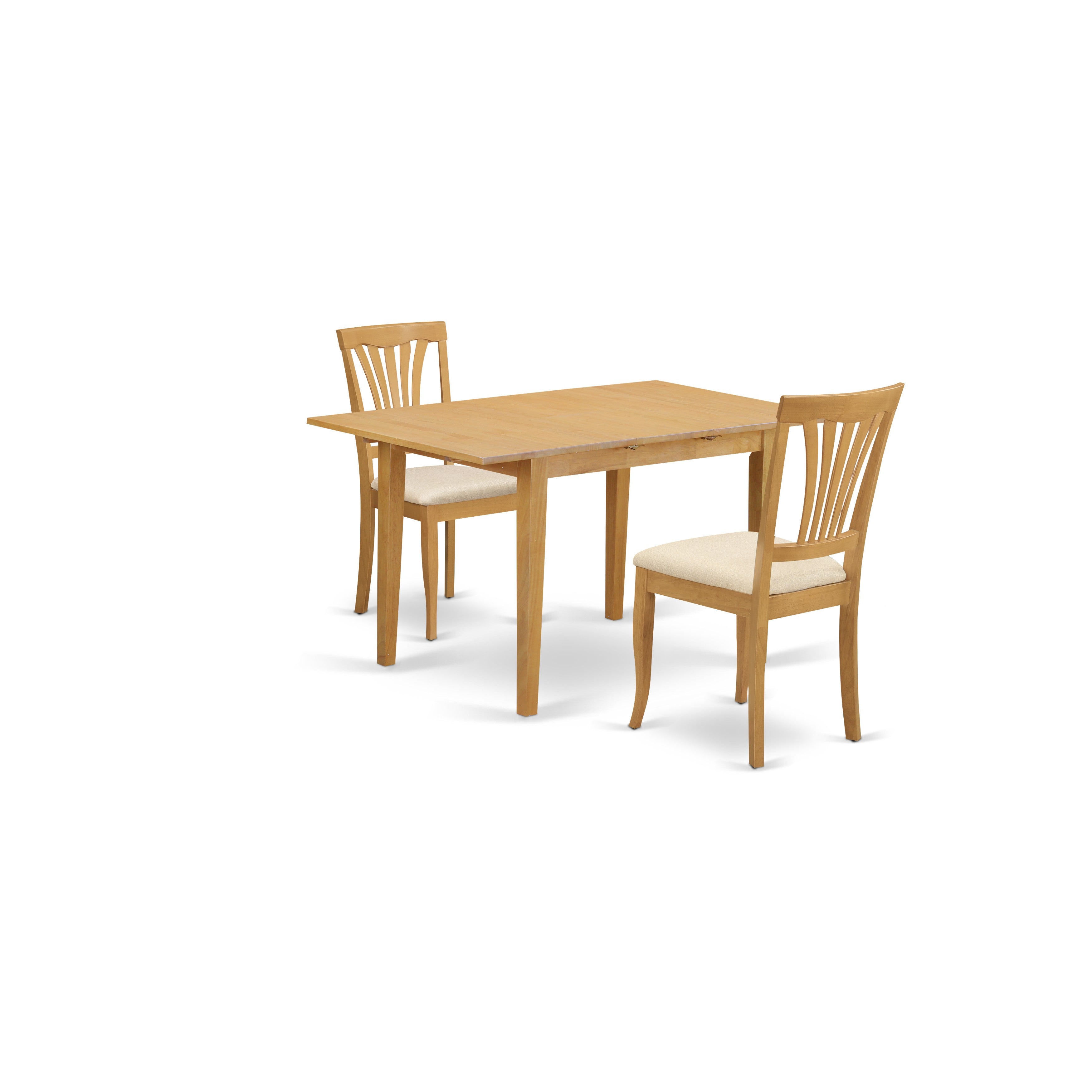 Juego de mesa y sillas de cocina de 3 piezas NOAV3-OAK-C de East West Furniture. Incluye una mesa de comedor rectangular con hojas de mariposa y 2 sillas tapizadas en tela de lino.