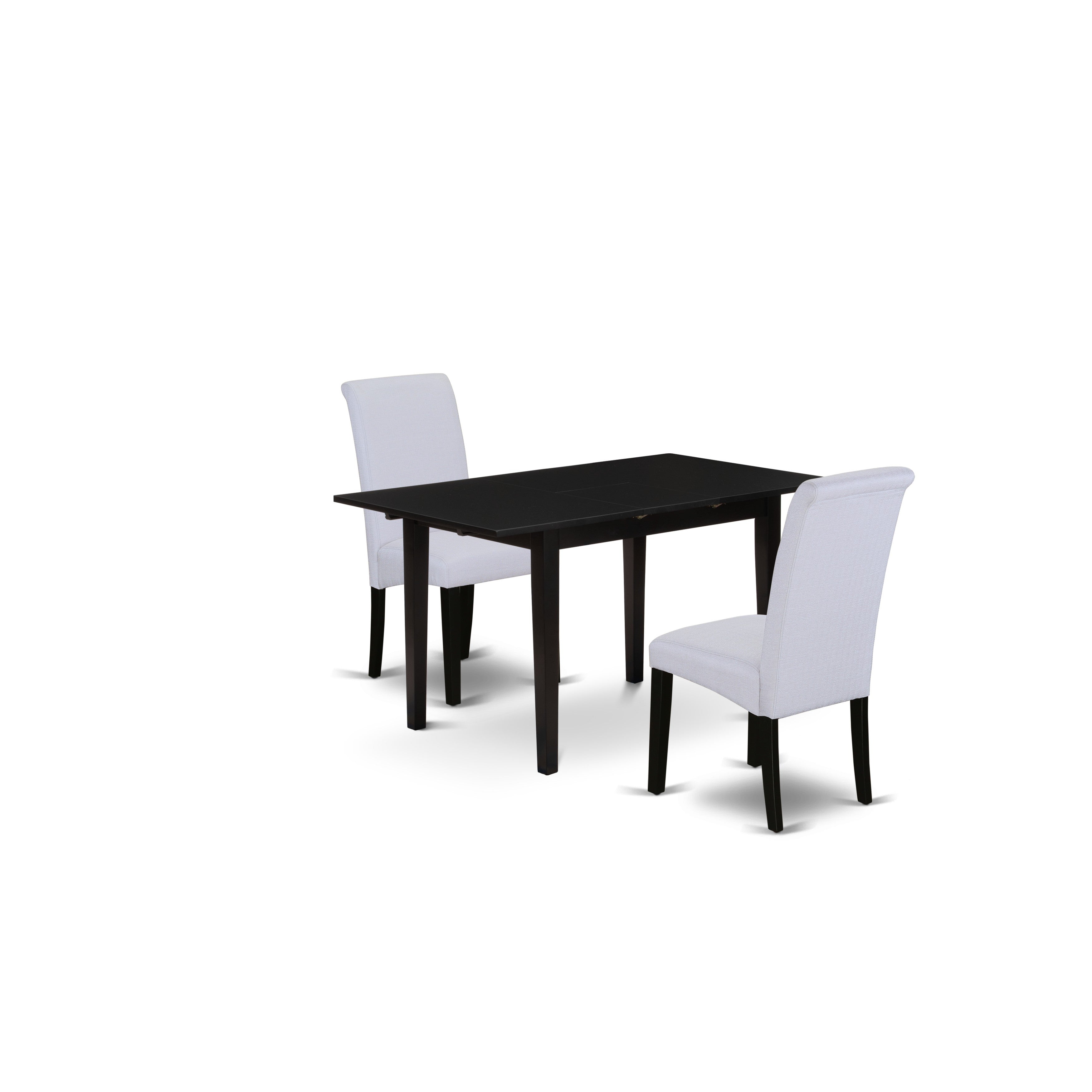 Juego de mesa de comedor de 3 piezas East West Furniture NOBA3-BLK-05. Incluye una mesa de comedor rectangular con hojas de mariposa y 2 sillas tapizadas en tela de lino gris.