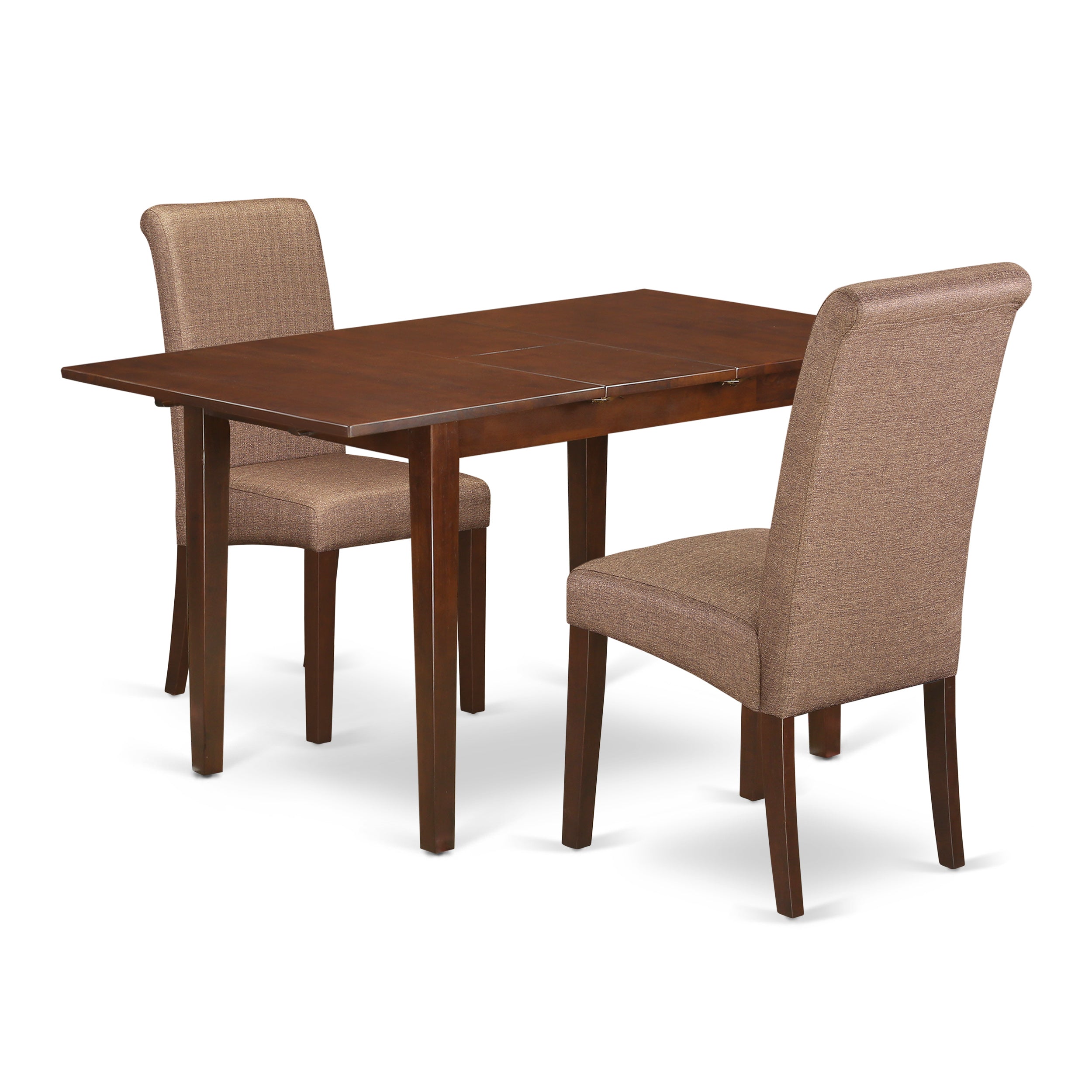 NOBA3-MAH-18 3Pc Kitchen table with linen brown fabric Parson chairs with mahogany chair legs