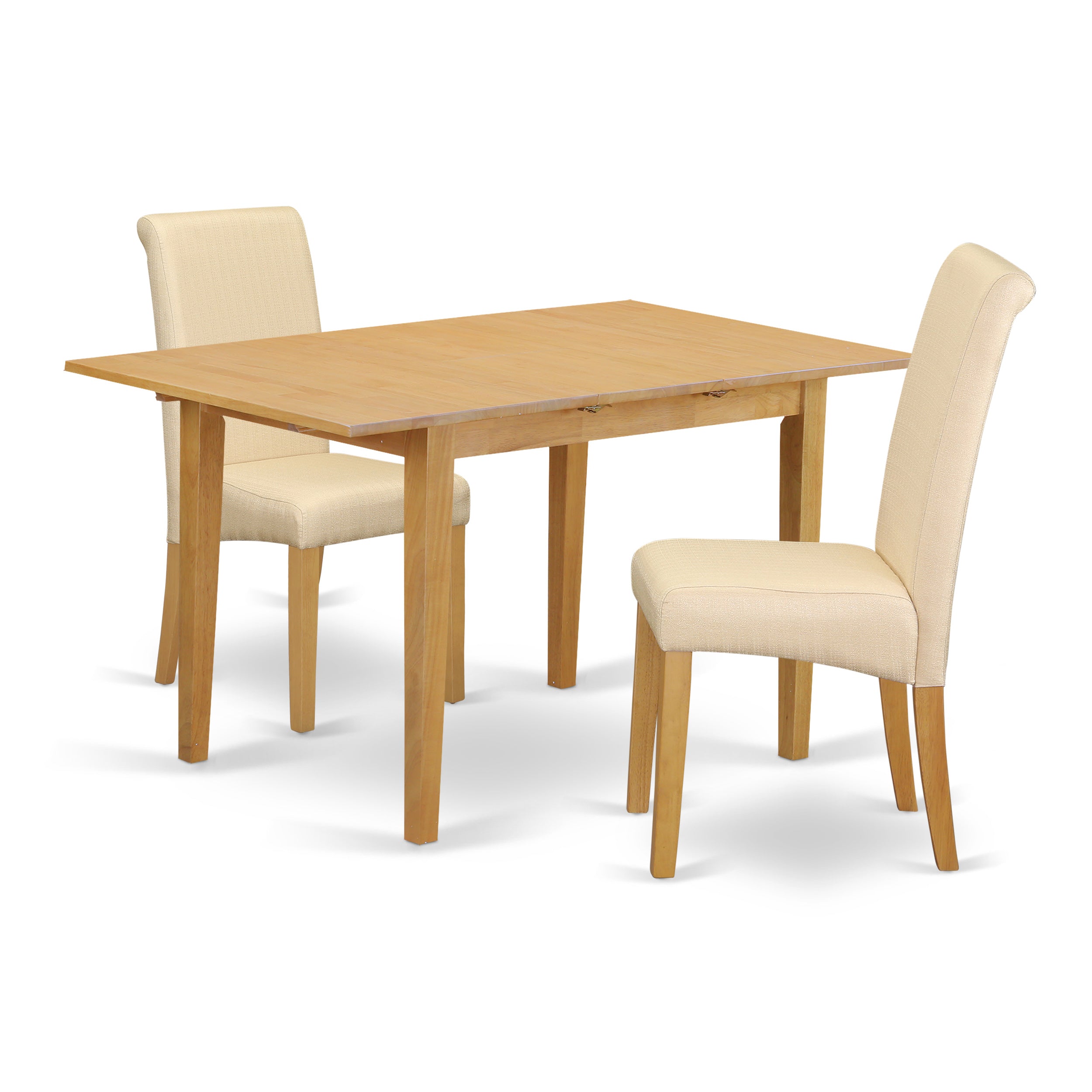 Juego de comedor de 3 piezas East West Furniture NOBA3-OAK-02. Contiene una mesa rectangular de madera con hojas de mariposa y 2 sillas de comedor Parson de tela de lino beige claro.