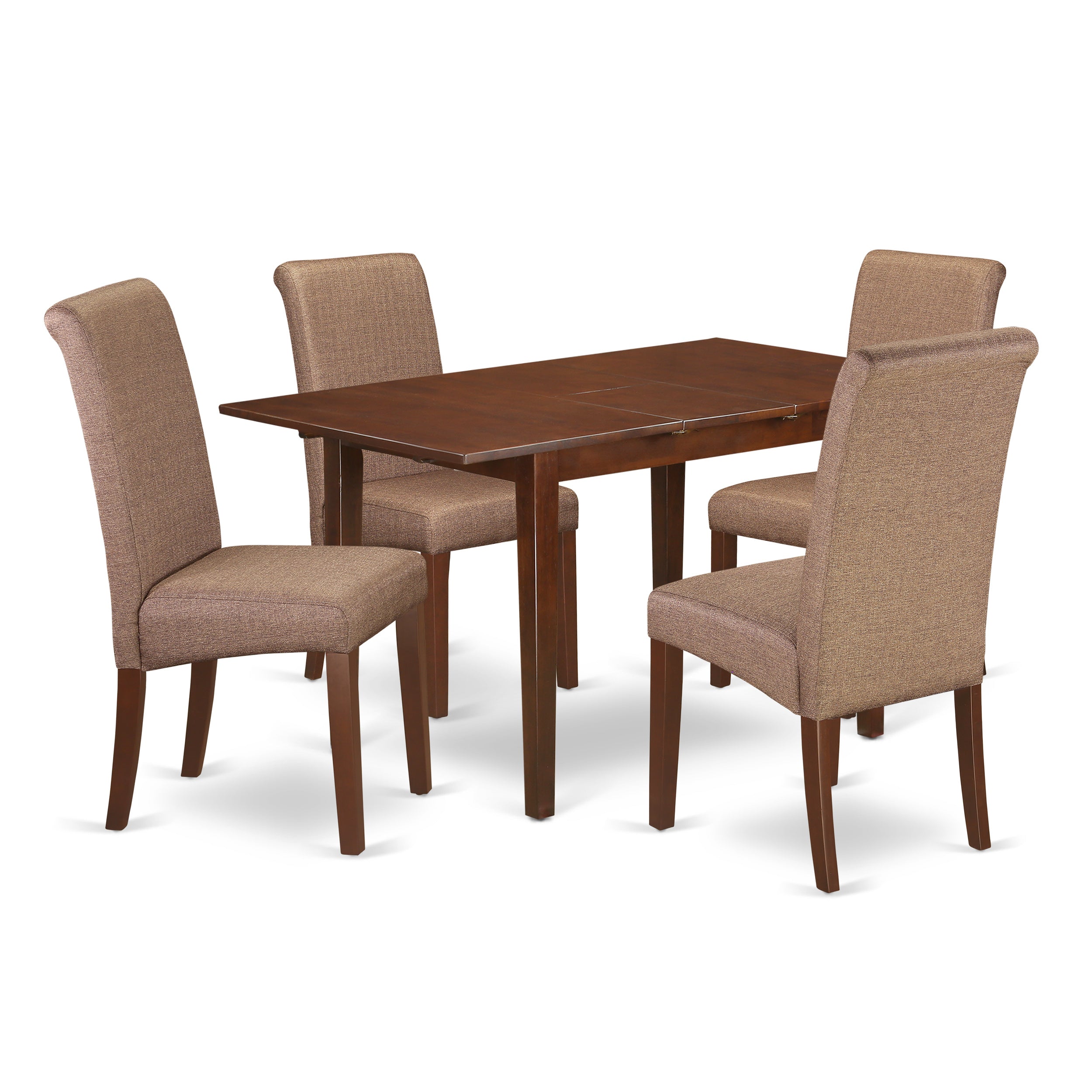 Juego de mesa de cocina de 5 piezas East West Furniture NOBA5-MAH-18 para 4 personas. Incluye una mesa de comedor rectangular con diseño de hojas de mariposa y 4 sillas Parson de tela de lino marrón.