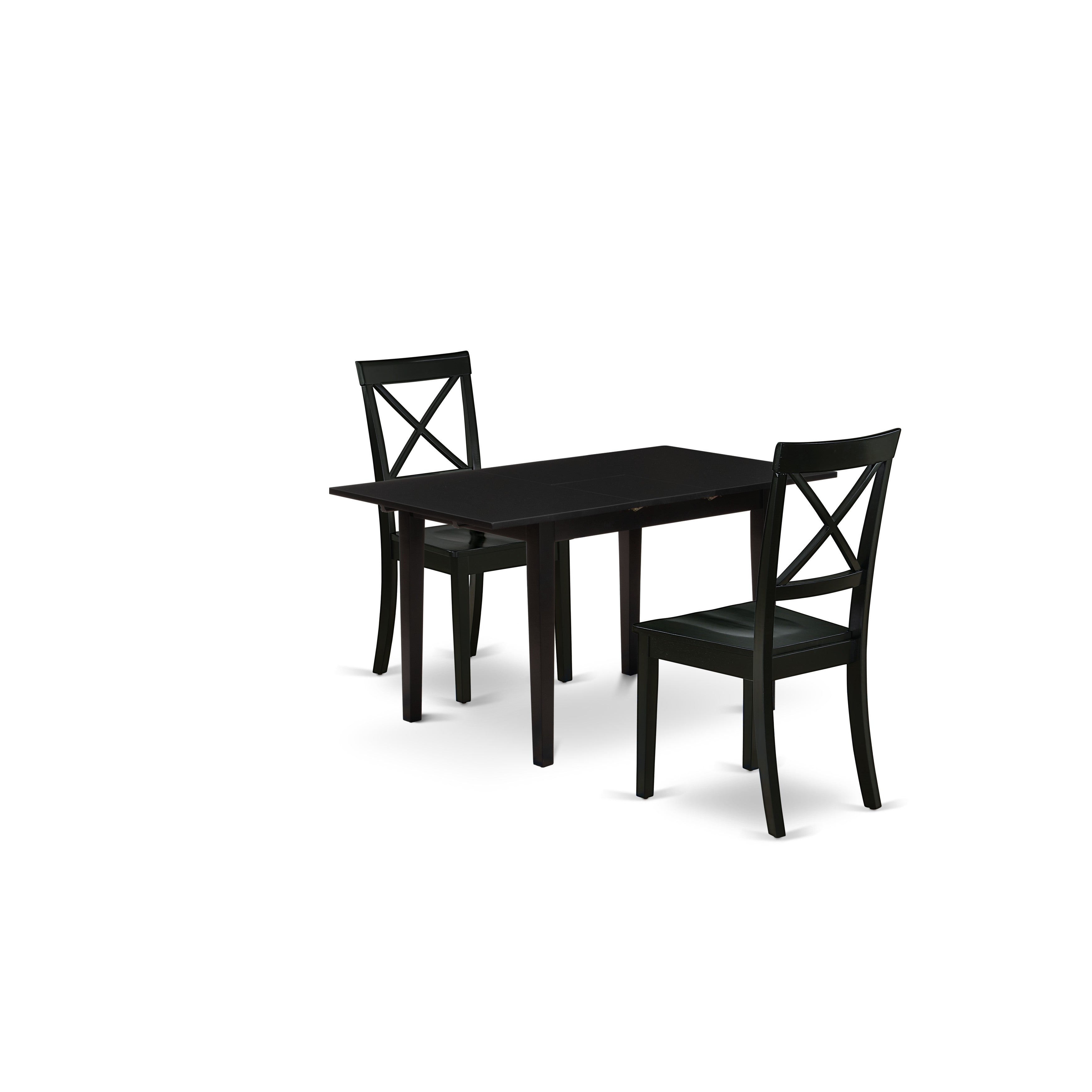Juego de mesa de comedor moderna de 3 piezas East West Furniture NOBO3-BLK-W. Incluye una mesa rectangular de madera con diseño de hojas de mariposa y 2 sillas de comedor de cocina.