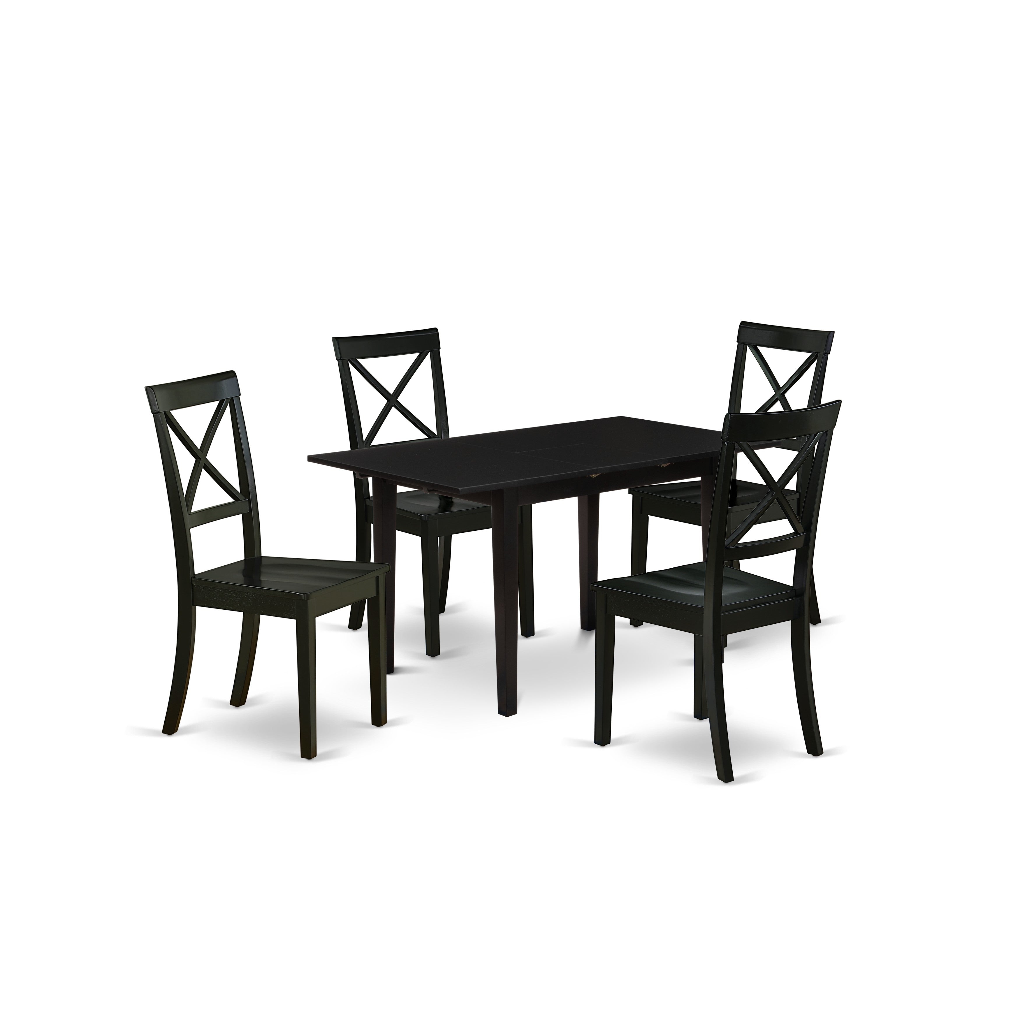 Juego de mesa de comedor East West Furniture NOBO5-BLK-W de 5 piezas para 4 personas. Incluye una mesa de cocina rectangular con diseño de hojas de mariposa y 4 sillas de comedor.