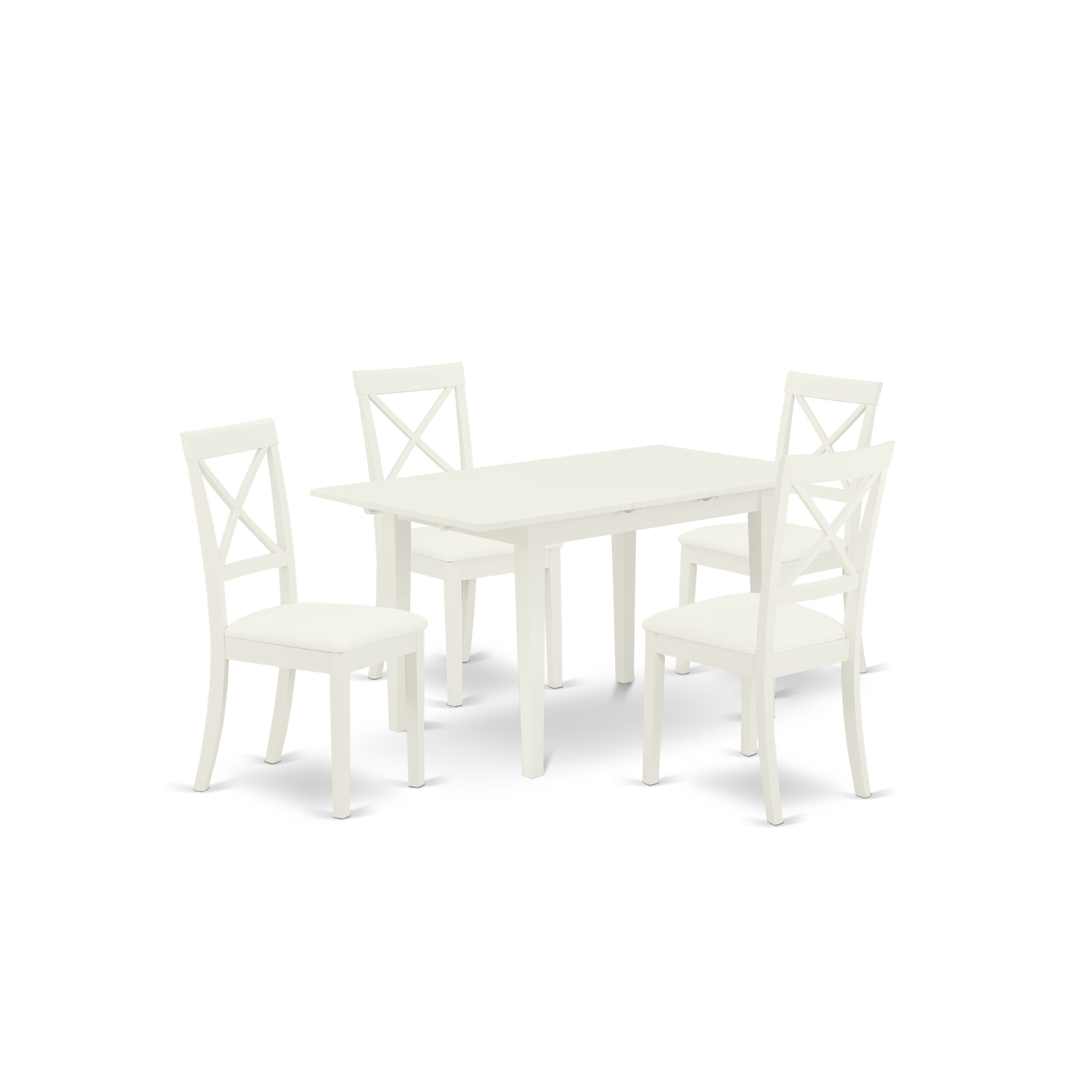 East West Furniture NOBO5-WHI-LC 5-Pc Rectangular Dinette Set 4 Dining Chairs with X-Back and a Faux Leather Seat and Butterfly Leaf Dining Room Table with Rectangular Top and 4 Legs- Linen White Finish