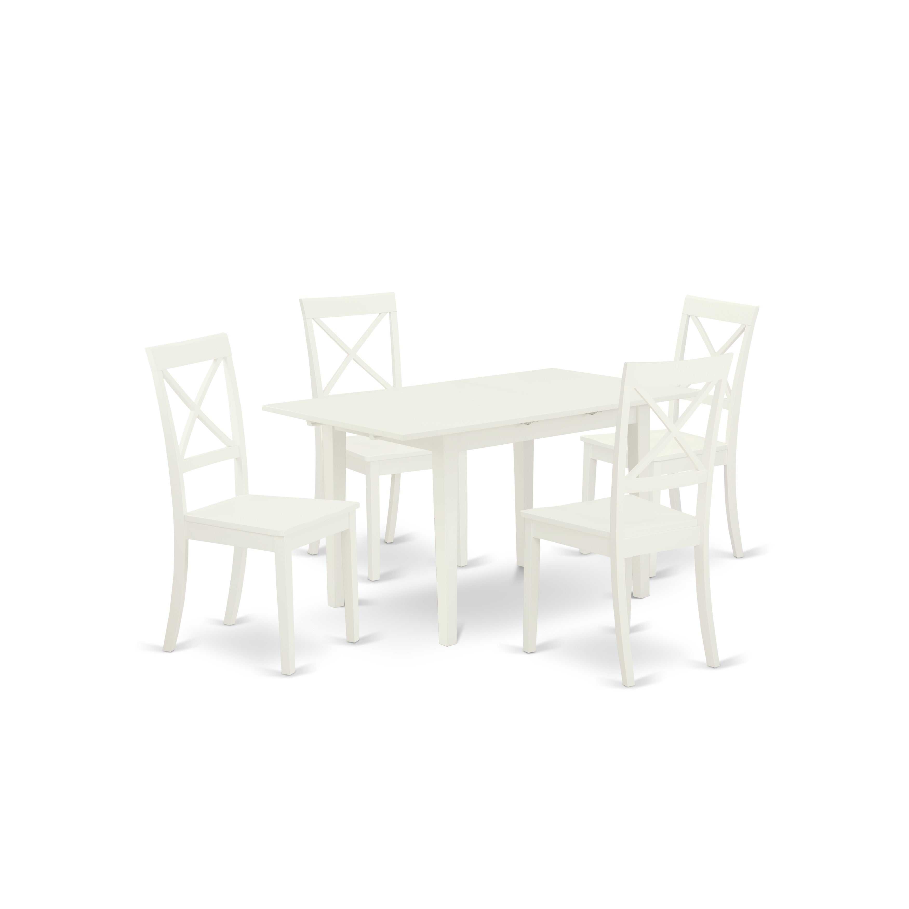 East West Furniture NOBO5-WHI-W 5-Piece Wooden Dining Table Set 4 Wood Dining Chairs with X-Back and a Butterfly Leaf Wooden Seat and Wood Table with Rectangular Top and 4 Legs- Linen White Finish