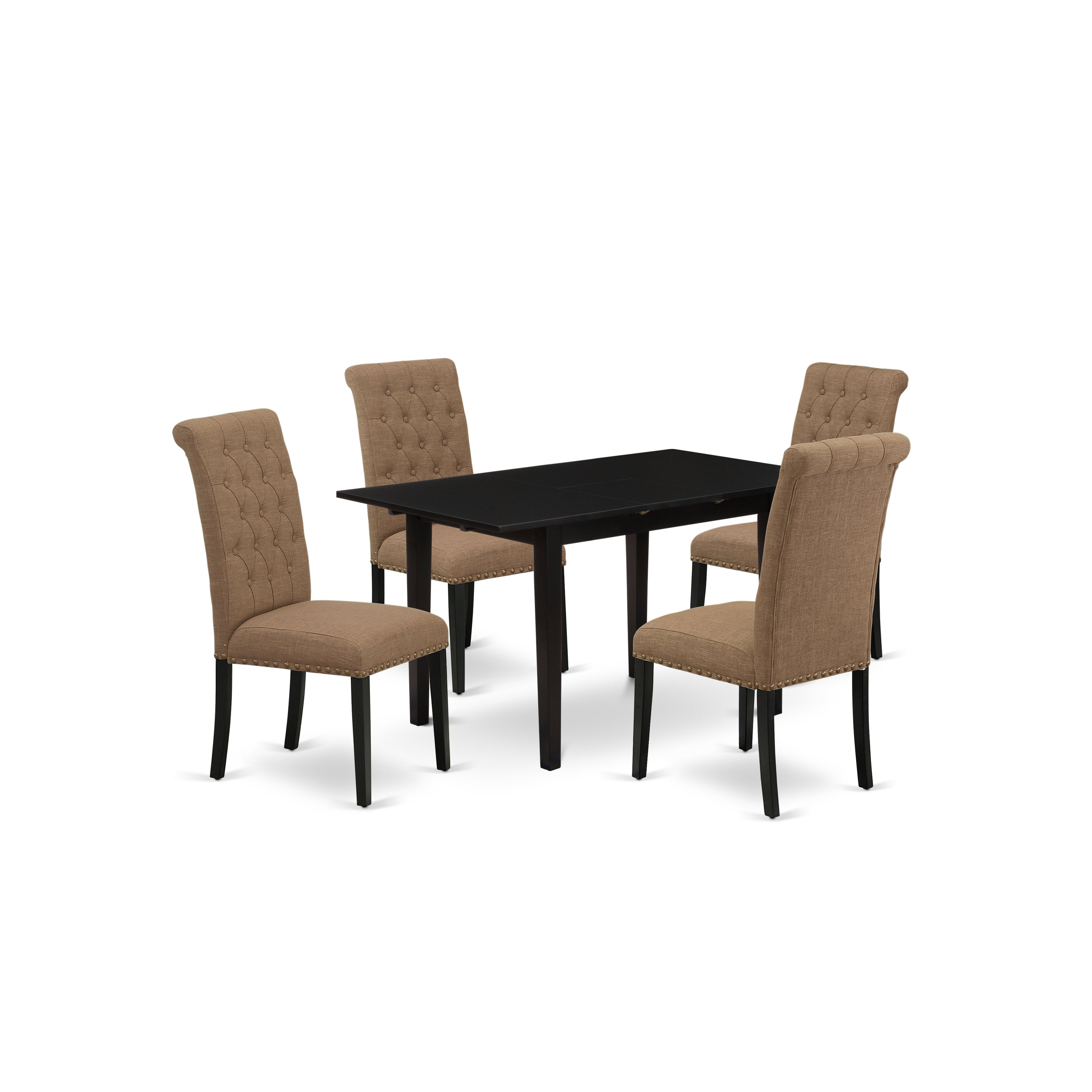 East West Furniture NOBR5-BLK-17 5-Pc Wood Dinette Set - Nail Head Parsons Dining Room Chairs with Button Tufted Back and Upholstered Seat and Butterfly Leaf Rectangular Kitchen Table and 4 Legs - Black Finish