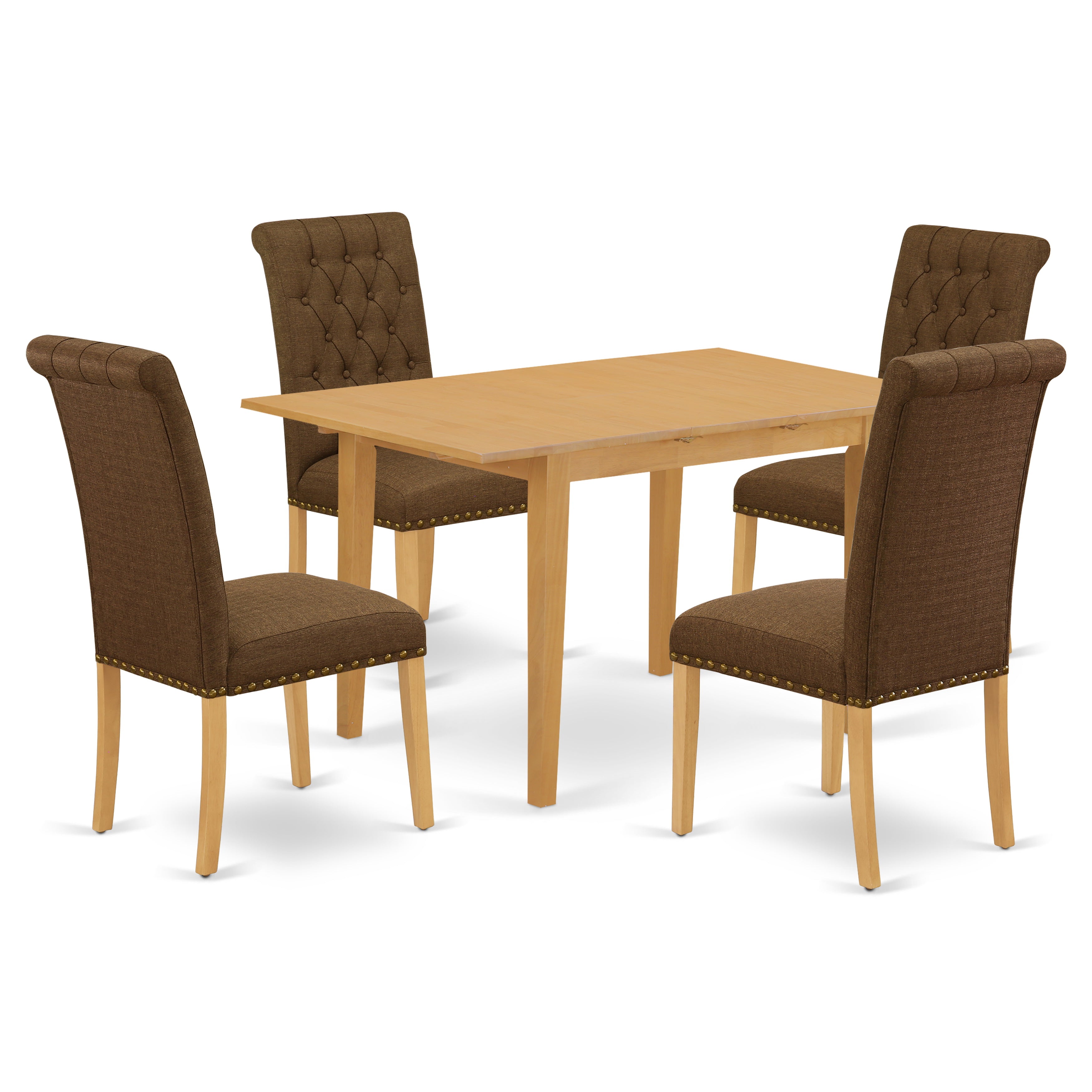 Juego de mesa de comedor de 5 piezas East West Furniture NOBR5-OAK-18. Incluye una mesa de cocina rectangular con diseño de hojas de mariposa y 4 sillas Parson de tela de lino marrón.