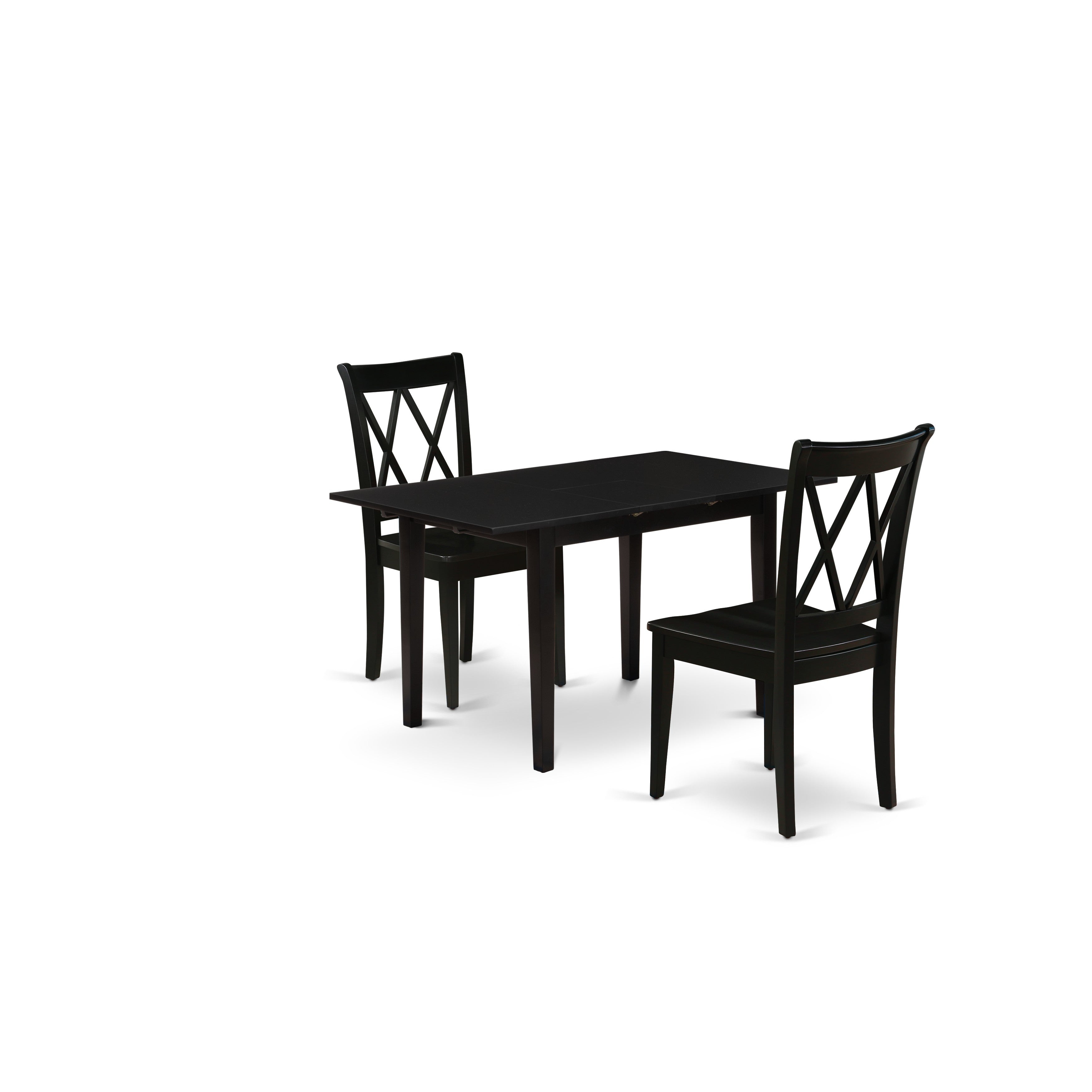 Juego de mesa de comedor moderna de 3 piezas East West Furniture NOCL3-BLK-W. Incluye una mesa rectangular de madera con diseño de hojas de mariposa y 2 sillas de comedor.