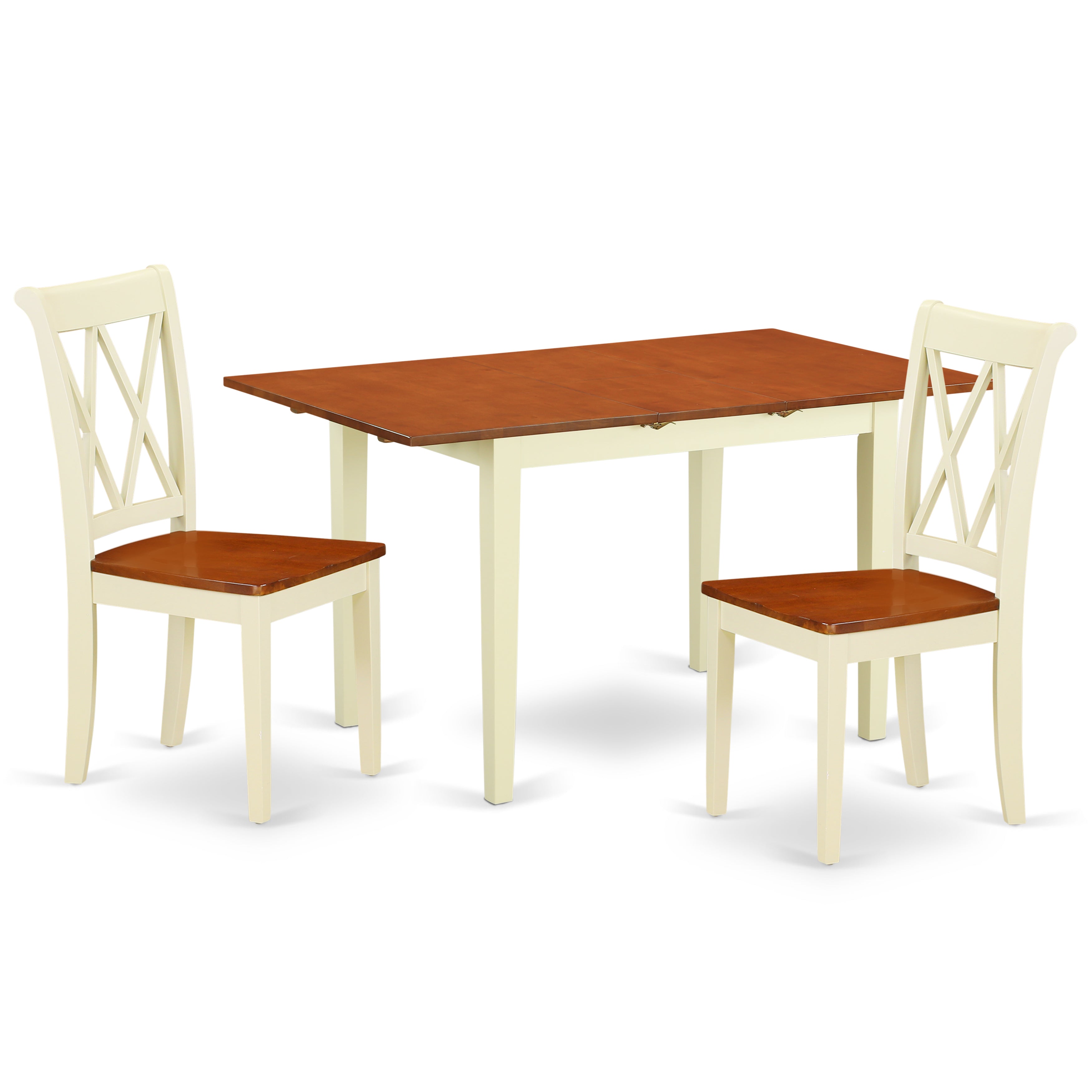 Juego de mesa y sillas de cocina de 3 piezas East West Furniture NOCL3-BMK-W. Incluye una mesa de comedor rectangular con hojas de mariposa y 2 sillas de comedor.