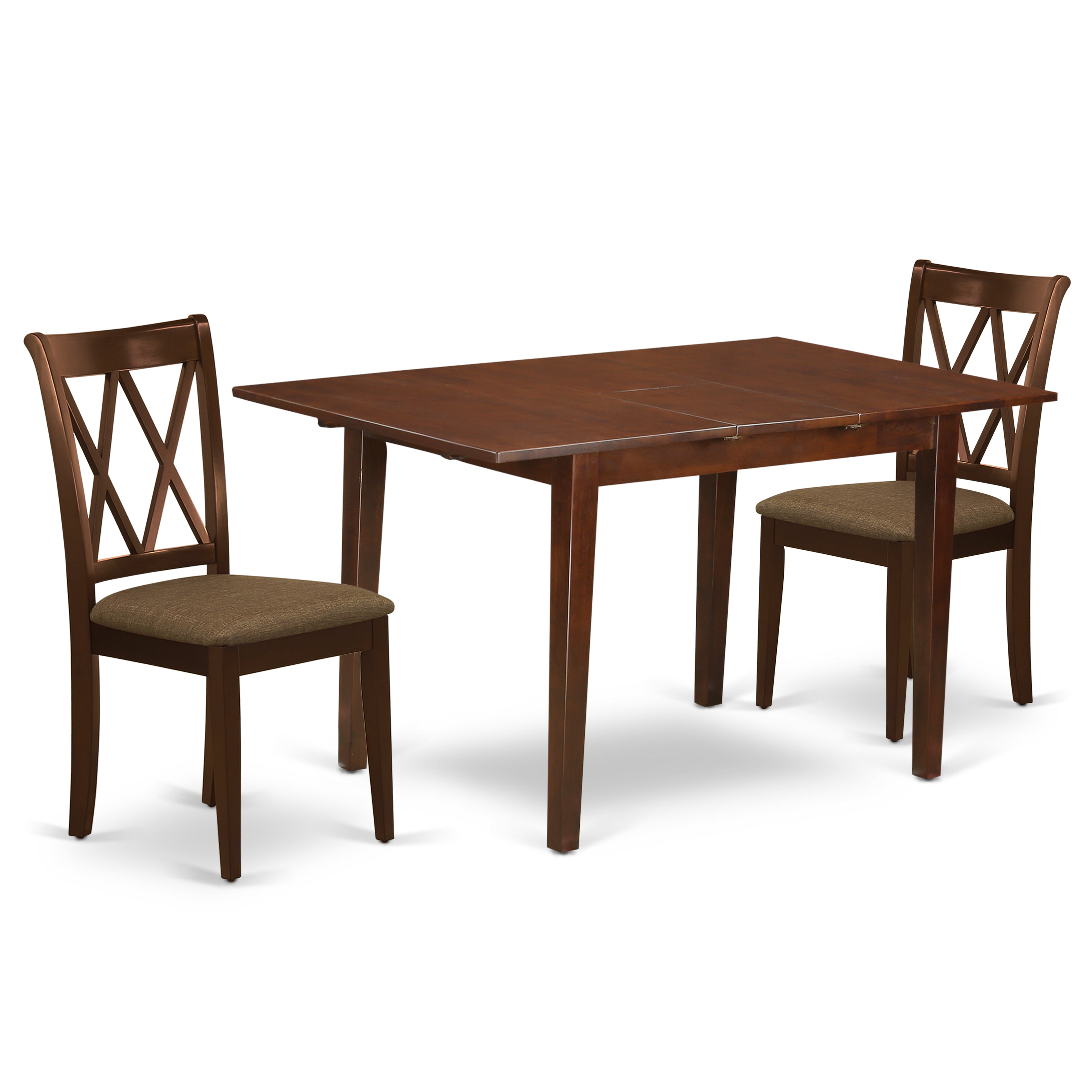 NOCL3-MAH-C 3Pc Dinette Set Includes a Rectangular Kitchen Table with Butterfly Leaf and Two Double X Back Linen seat Dining Chairs, Mahogany Finish