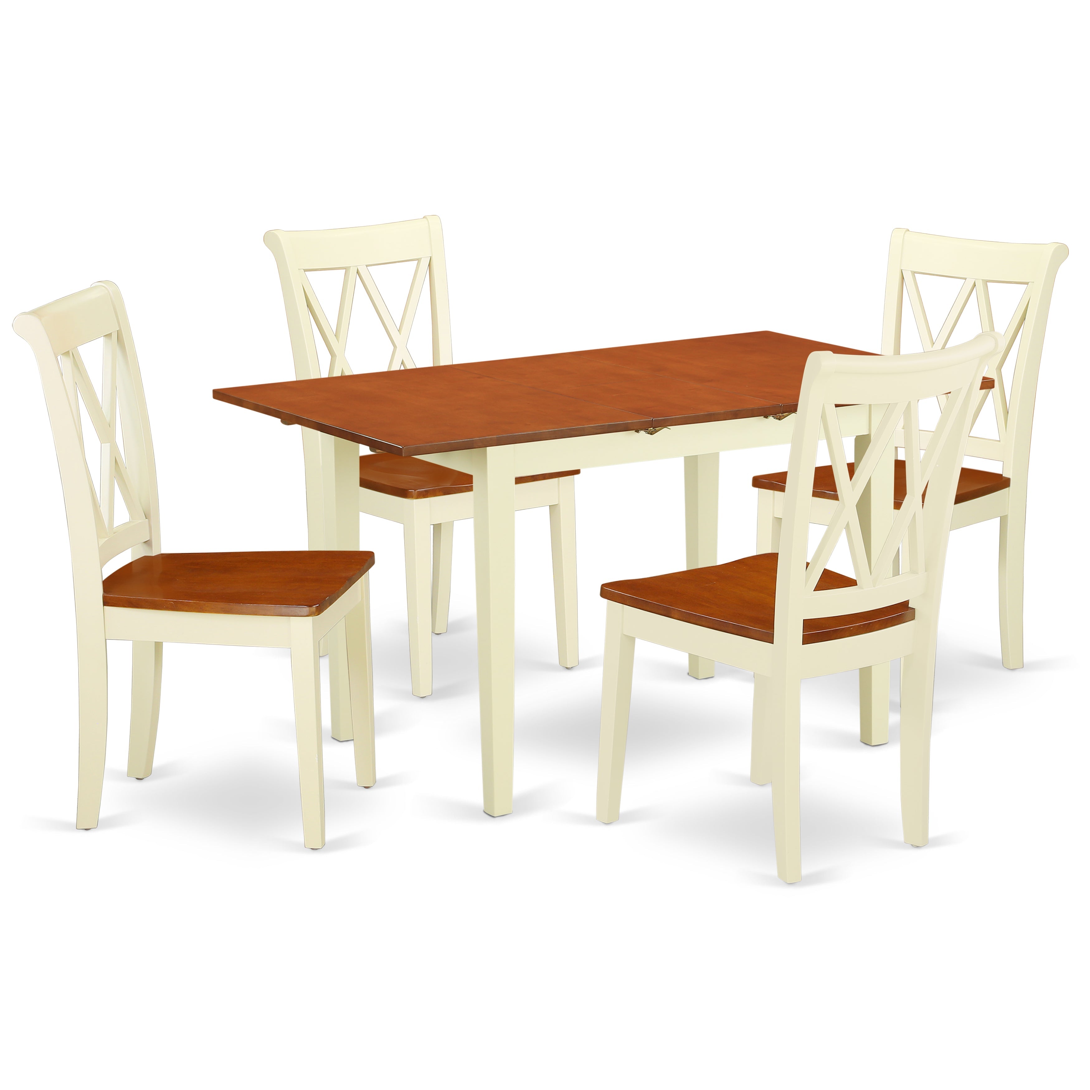 Juego de comedor de 5 piezas East West Furniture NOCL5-BMK-W para 4 personas. Incluye una mesa de comedor rectangular con diseño de hojas de mariposa y 4 sillas de comedor.