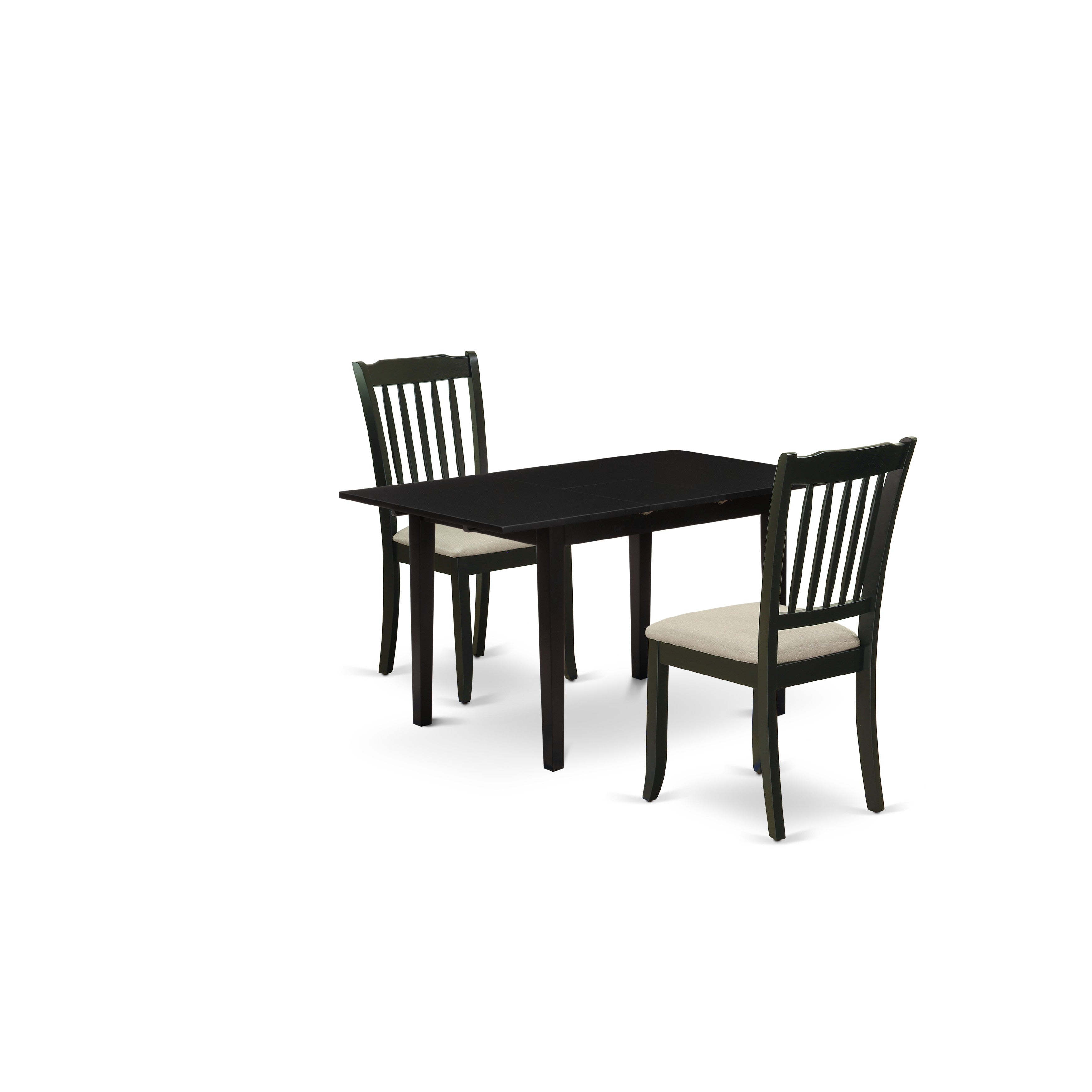 Juego de comedor de 3 piezas East West Furniture NODA3-BLK-C. Incluye una mesa rectangular de madera con diseño de hojas de mariposa y dos sillas de comedor de cocina de tela de lino.