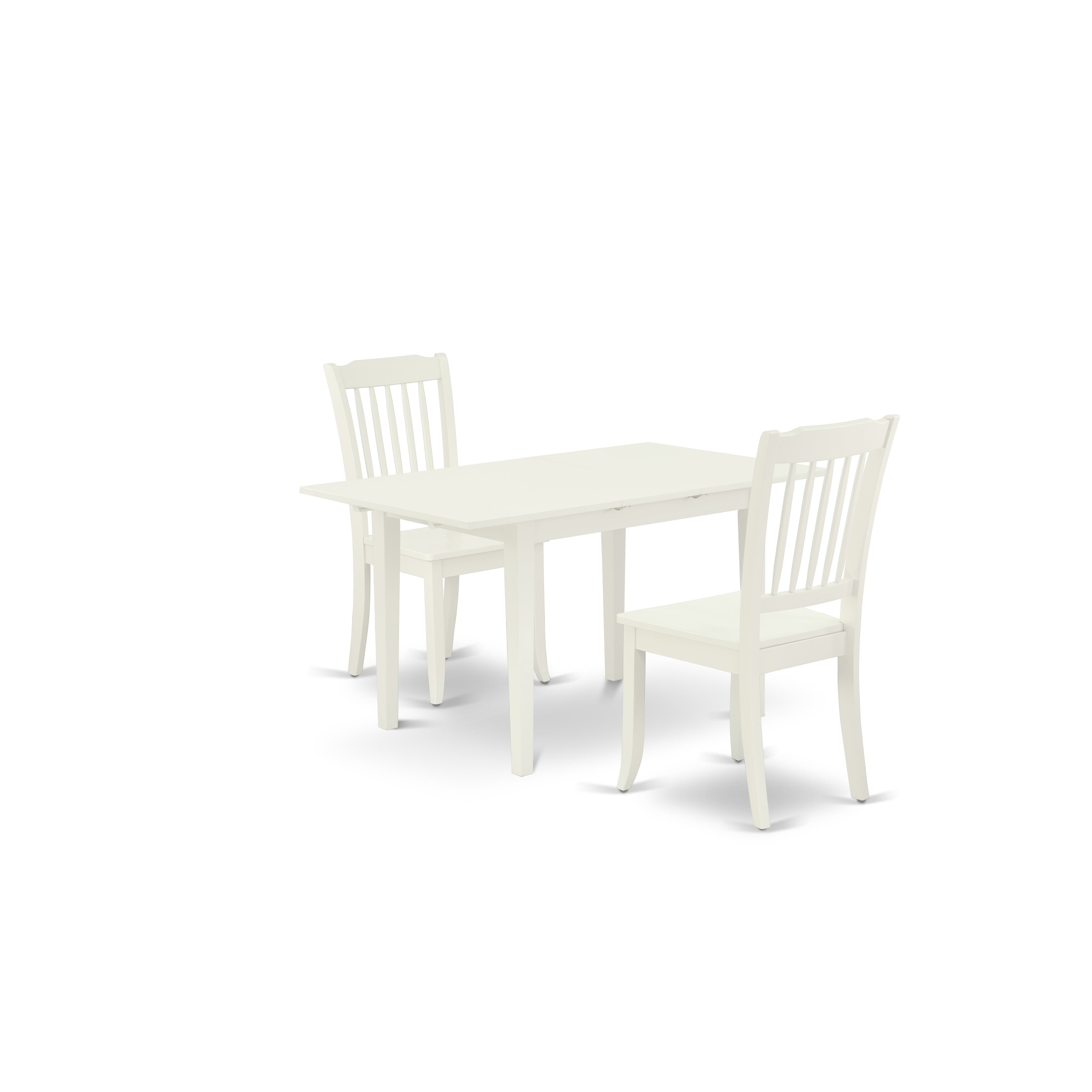 East West Furniture NODA3-LWH-W 3-Pc Wood Dinette Set 2 Wood Dining Chairs with Slatted Back and a Wooden Seat and Small Butterfly Leaf Dining Table with Rectangular Top and 4 Legs- Linen White Finish