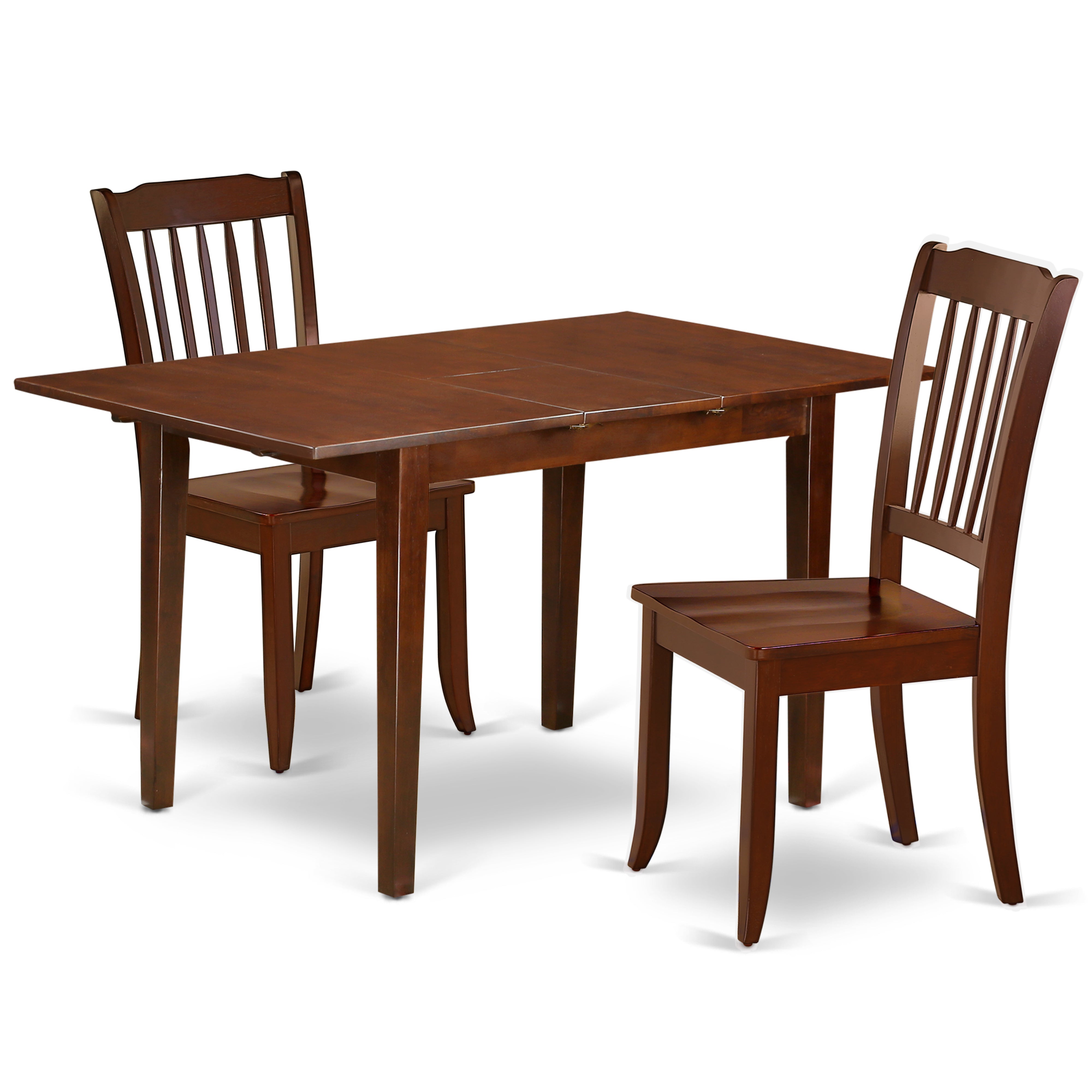 NODA3-MAH-W 3PC Rectangular 42/53.5 inch Table with 12 In Leaf and 2 vertical slatted Chairs
