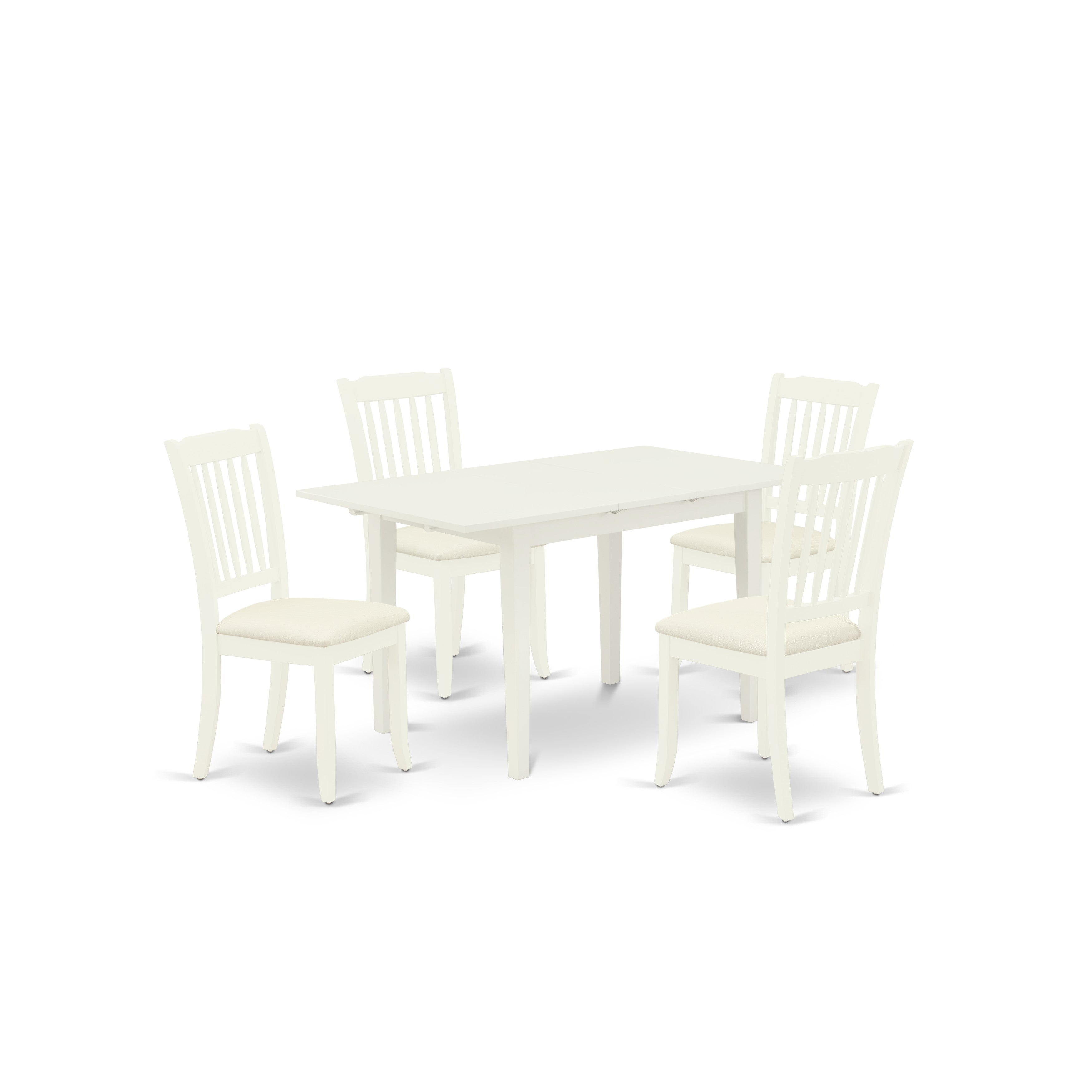 Juego de mesa y sillas de cocina East West Furniture NODA5-LWH-C de 5 piezas. Incluye una mesa de comedor rectangular con diseño de hojas de mariposa y 4 sillas de comedor de tela de lino.
