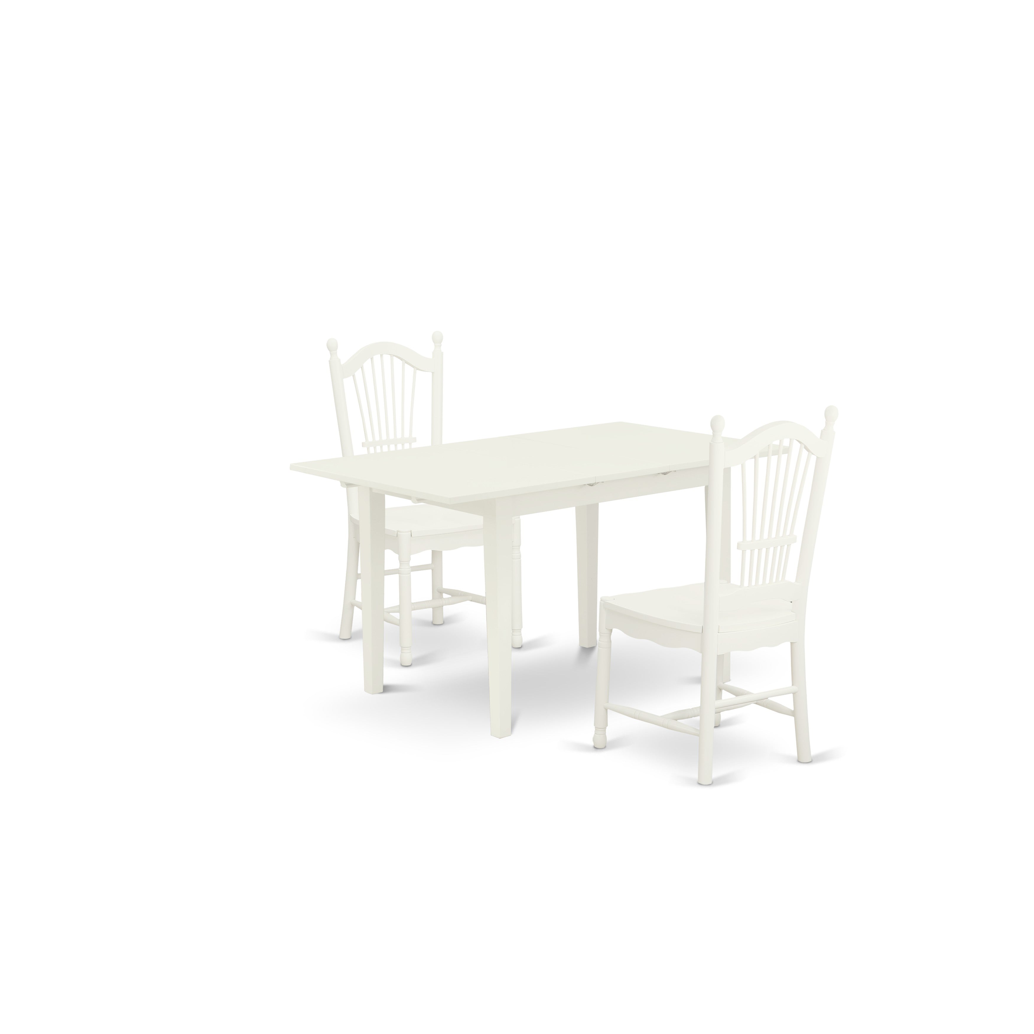 East West Furniture NODO3-LWH-W 3-Pc Rectangular Dinette Set 2 Kitchen Chairs with Slatted Back and a Wooden Seat and Butterfly Leaf Kitchen Dining Table with Rectangular Top and 4 Legs- Linen White Finish