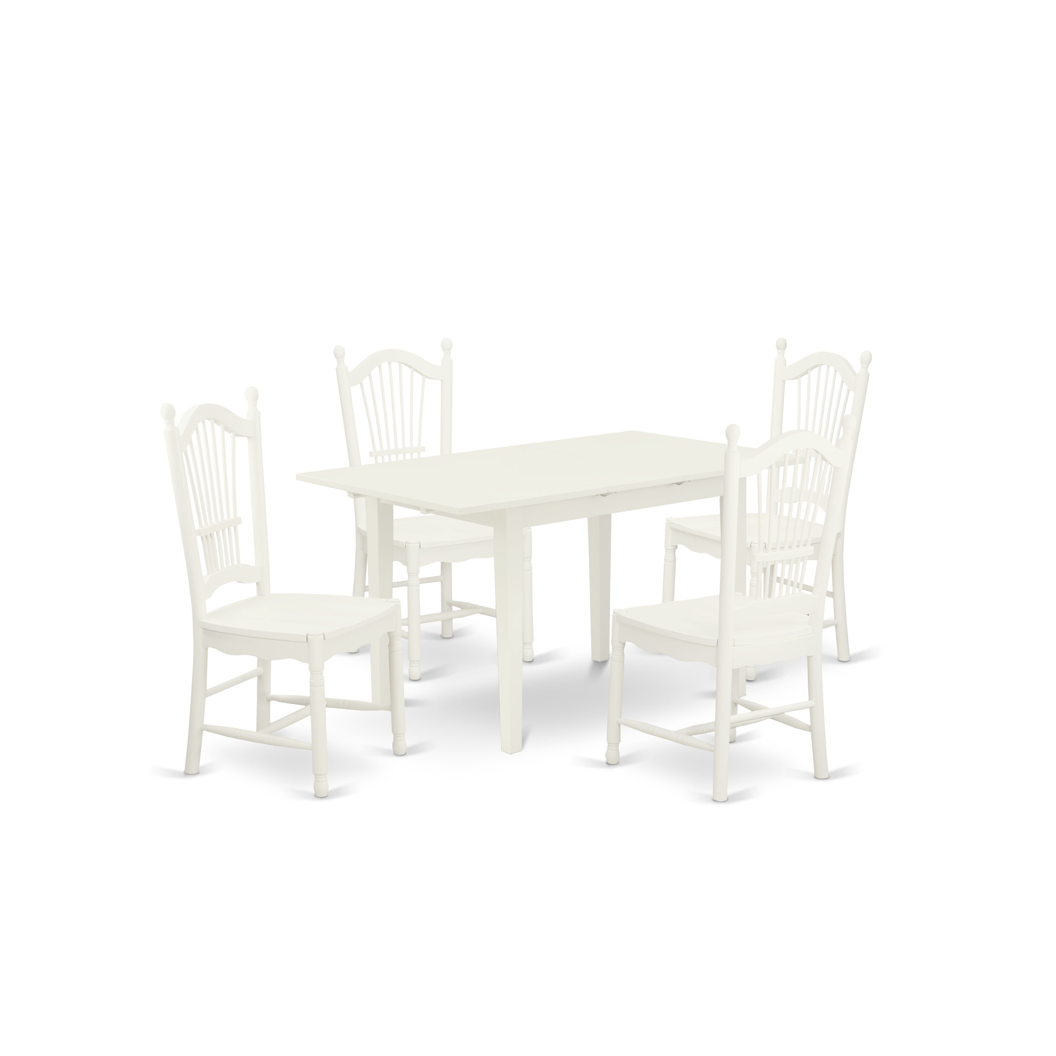 East West Furniture NODO5-LWH-W 5-Piece kitchen table set 4 dining chairs with Slatted Back and a Wooden Seat and Butterfly Leaf wood dining table with Rectangular Top and 4 Legs- Linen White Finish