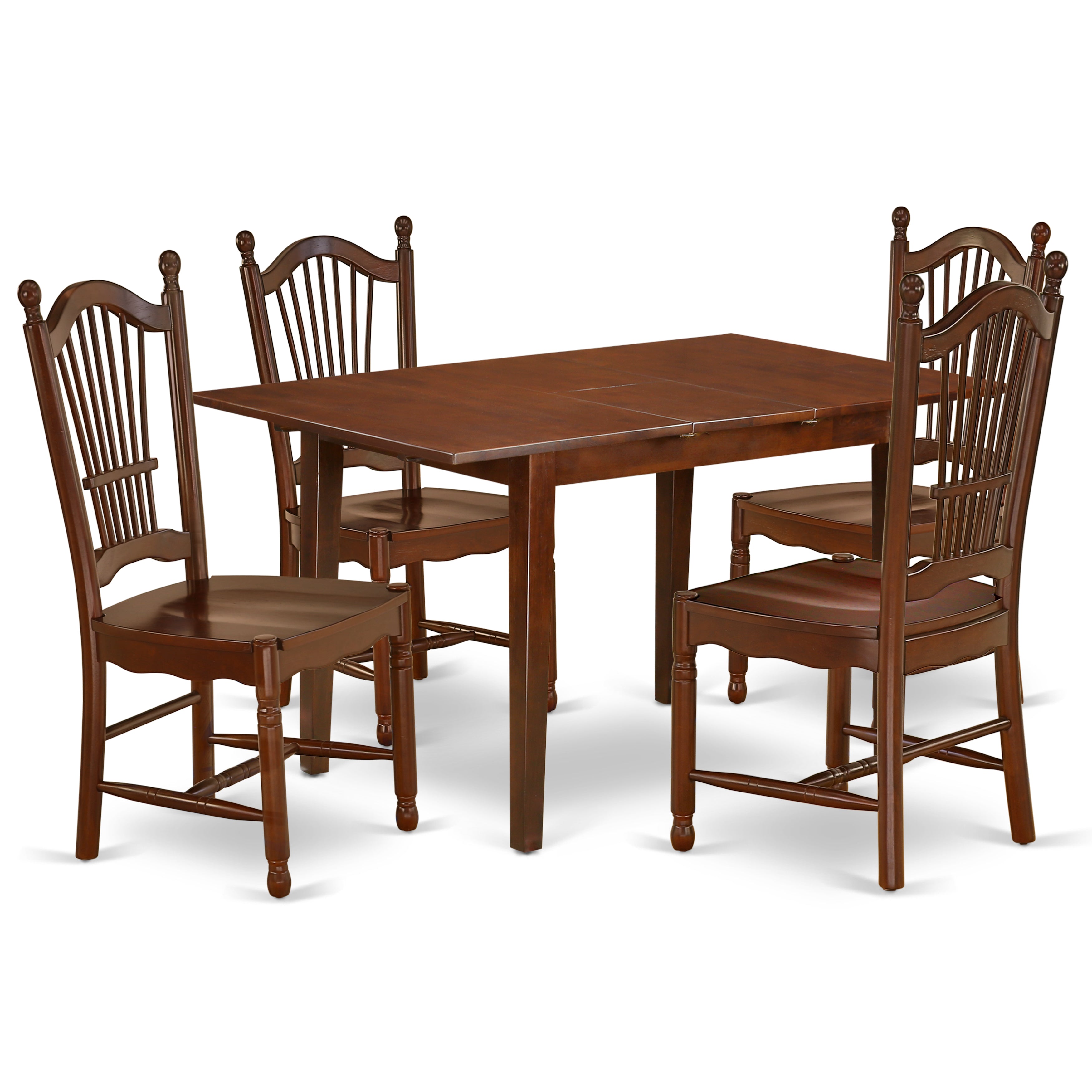 Juego de mesa de cocina East West Furniture NODO5-MAH-W de 5 piezas para 4 personas. Incluye una mesa de comedor rectangular con diseño de hojas de mariposa y 4 sillas de madera maciza.