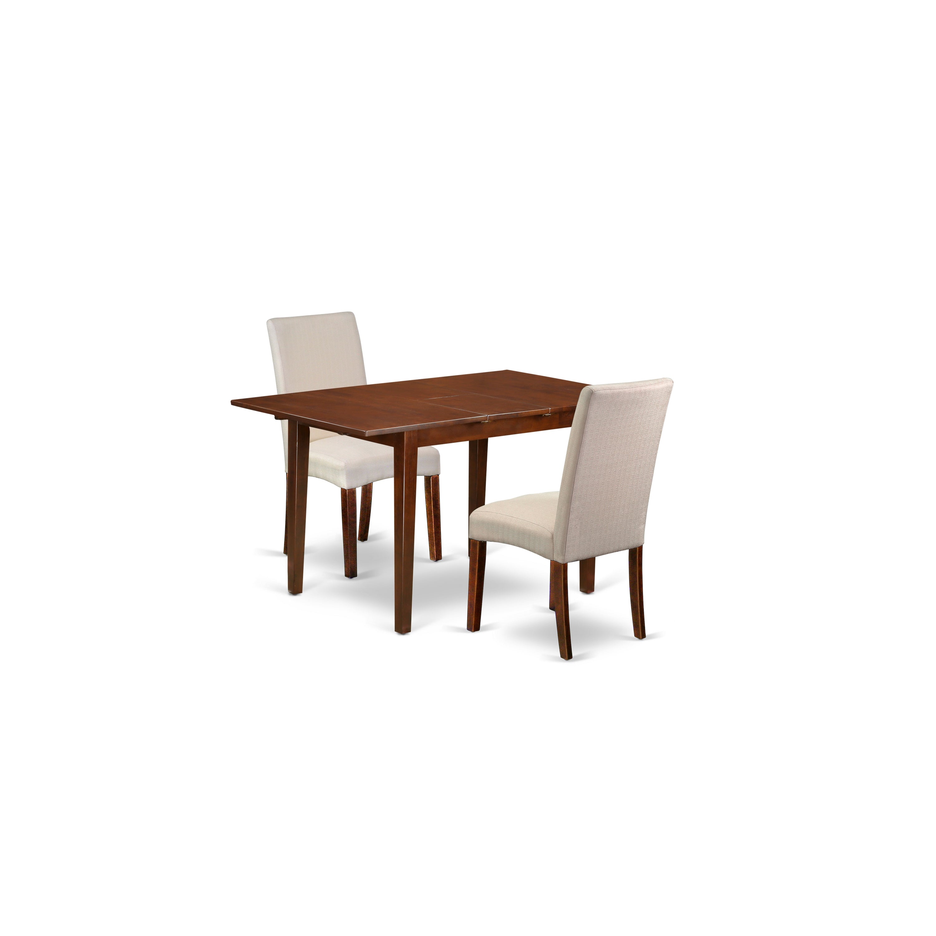 Juego de comedor de 3 piezas East West Furniture NODR3-MAH-01 para espacios pequeños. Contiene una mesa de comedor rectangular con hojas de mariposa y 2 sillas Parson de tela de lino color crema.