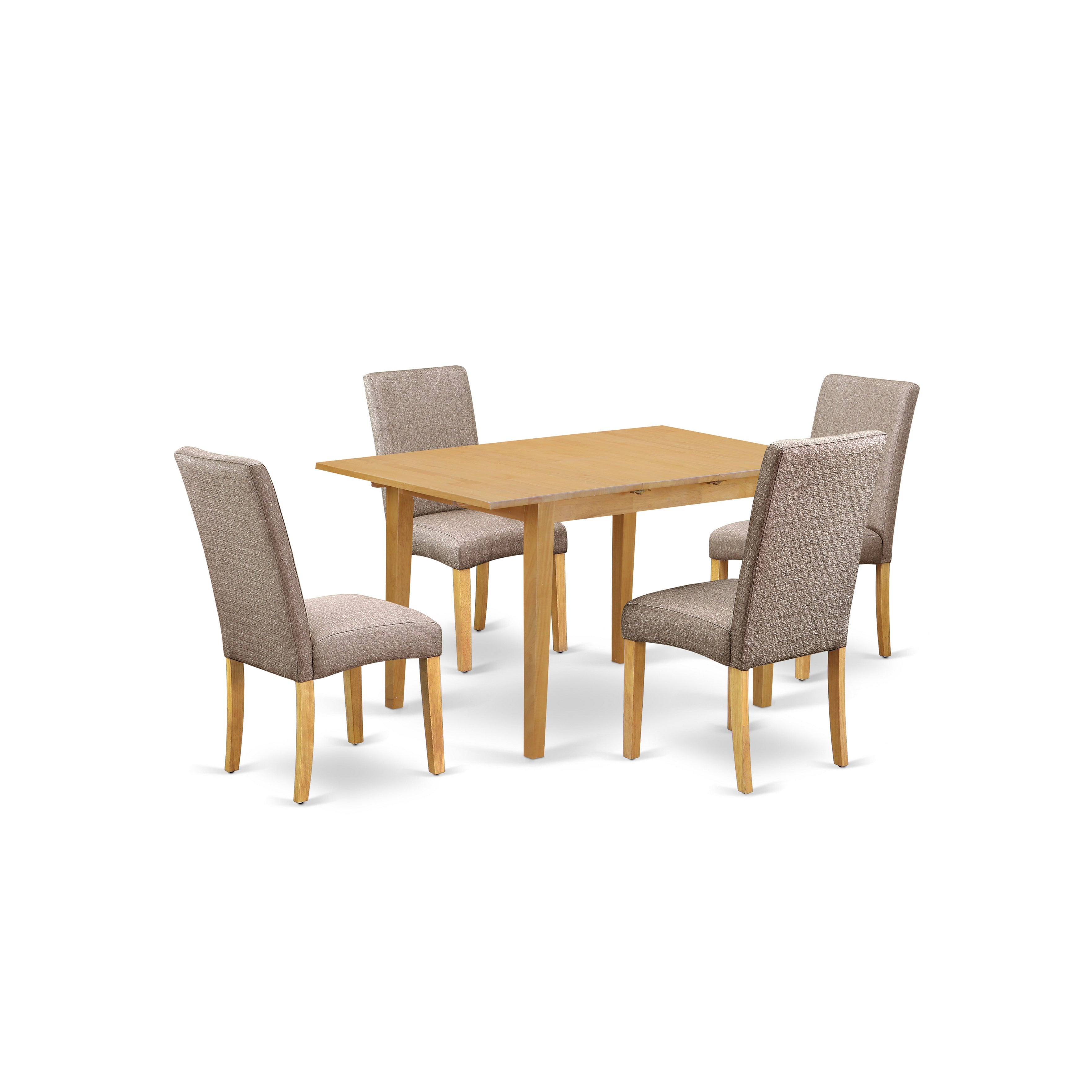NODR5-OAK-16 5Pc Rectangle 42/53.5" Dinette Table With 12 In Leaf And Four Parson Chair With Oak Finish Leg And Linen Fabric- Dark Khaki Color