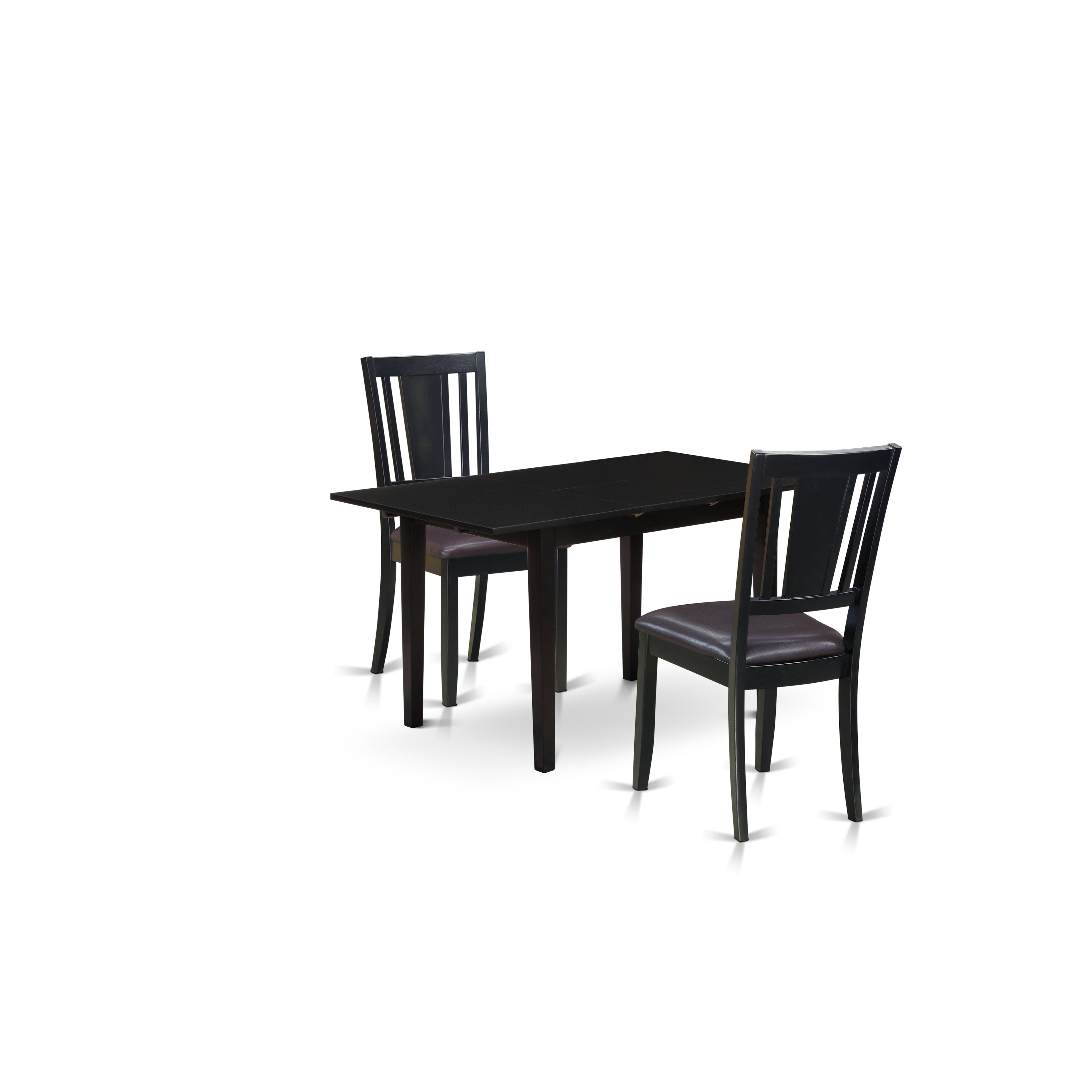 East West Furniture NODU3-BLK-LC 3-Pc Rectangular Dining Table Set 2 Wooden Dining Chairs with Panel Back and A Faux Leather Seat and Small Butterfly Leaf Rectangular Dining Table with Rectangular Top and 4 Legs- Black Finish