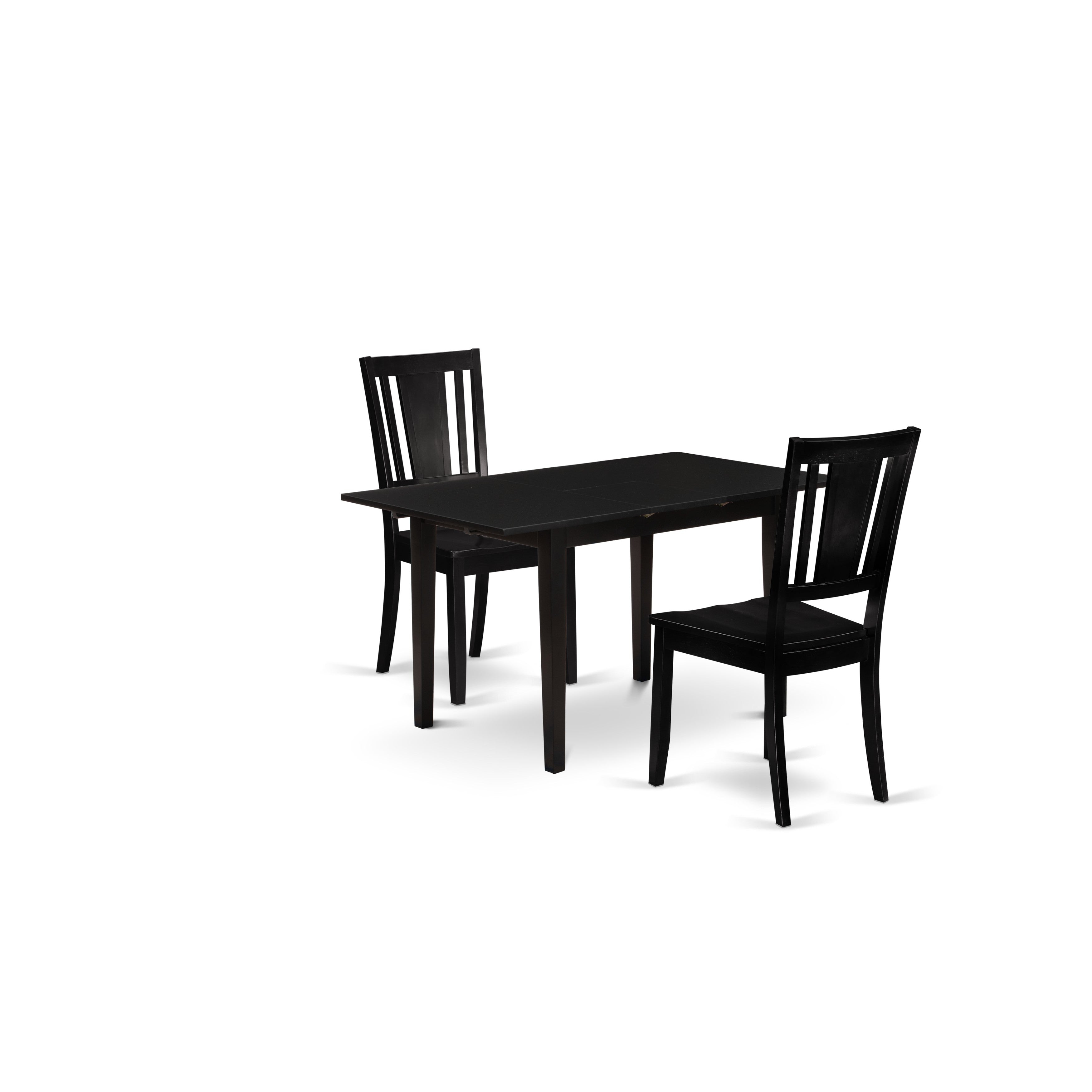 East West Furniture NODU3-BLK-W 3-Piece Kitchen Set 2 Wood Dining Chairs with Slatted Back and a Wooden Seat and Mid Century Butterfly Leaf Dining Table with Rectangular Top and 4 Legs- Black Finish