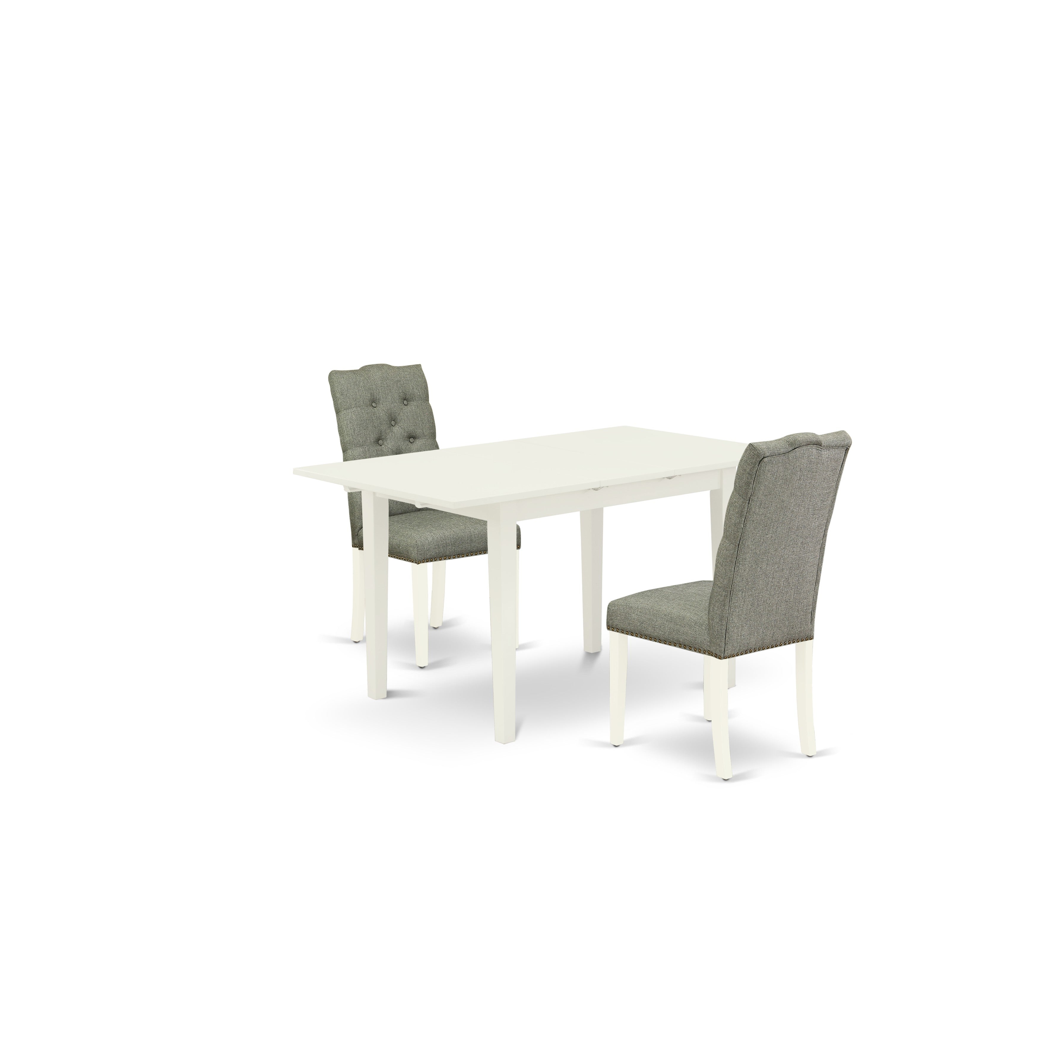 East West Furniture NOEL3-LWH-07 3-Piece Rectangle Dinette Set - Nail Head Parsons Dining Chairs with Button Tufted Back and Upholstered Seat and Butterfly Leaf Rectangular Dinner Table and 4 Legs - Linen White Finish