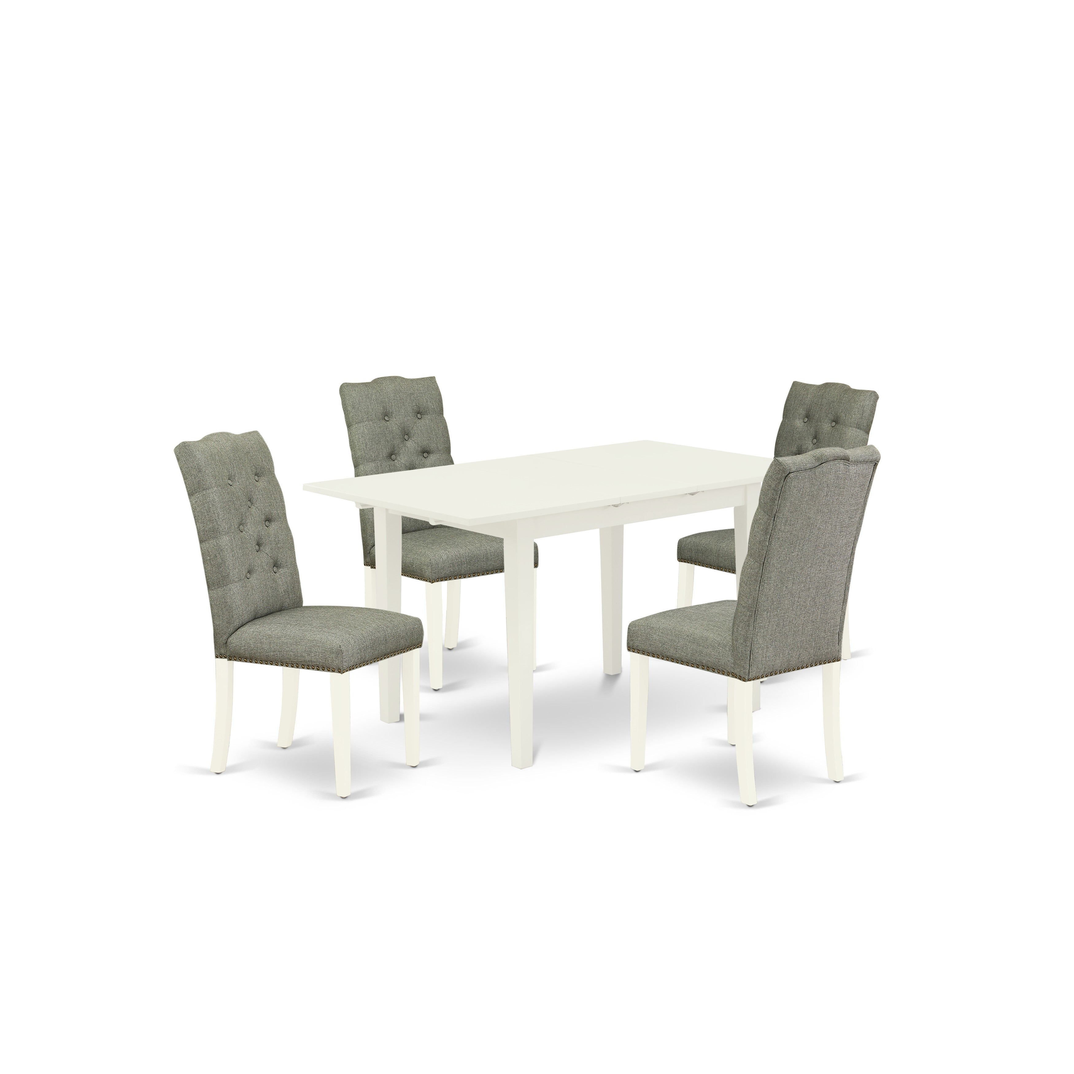 East West Furniture NOEL5-LWH-07 5-Piece Kitchen Dining Table Set - Nail Head Parson Chairs with Button Tufted Back and Upholstered Seat and Butterfly Leaf Rectangular Dining Table and 4 Legs - Linen White and Finish