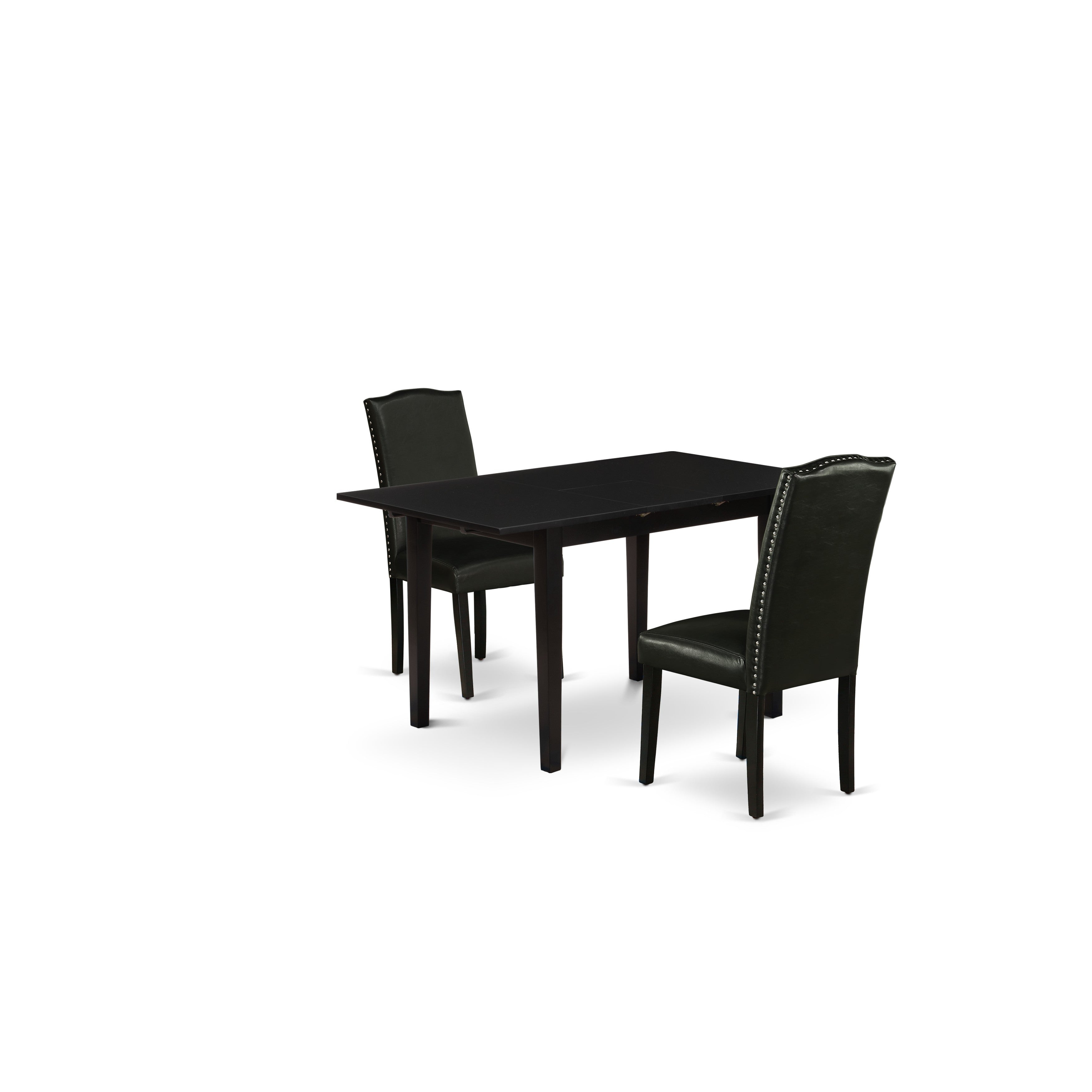 East West Furniture NOEN3-BLK-69 3-Piece Wooden Dining Table Set � Nail Head Upholstered Dining Chairs with High Back and Upholstered Seat and Butterfly Leaf Rectangular Dining Table and 4 Legs - Black Finish