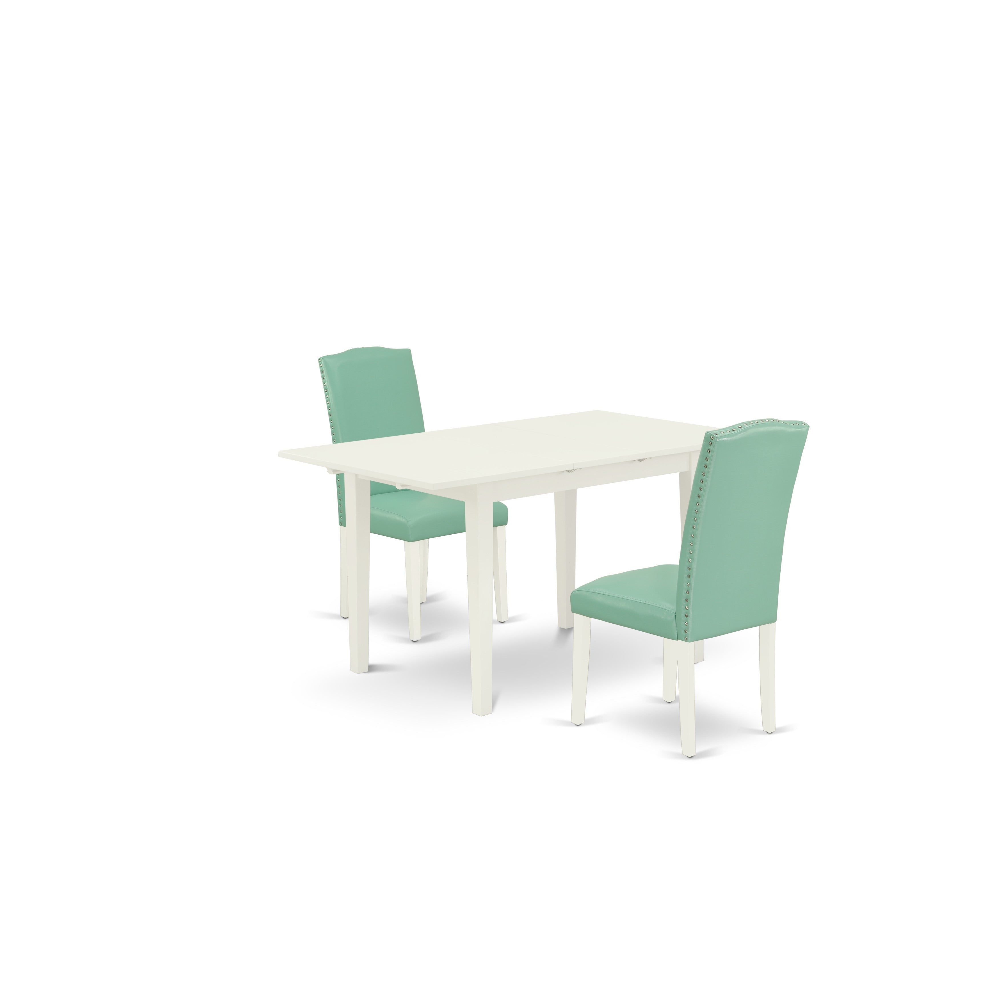 Juego de mesa y sillas de cocina de 3 piezas East West Furniture NOEN3-LWH-57. Incluye una mesa de comedor rectangular con diseño de hojas de mariposa y dos sillas Parsons de piel sintética con estampado de estanque.