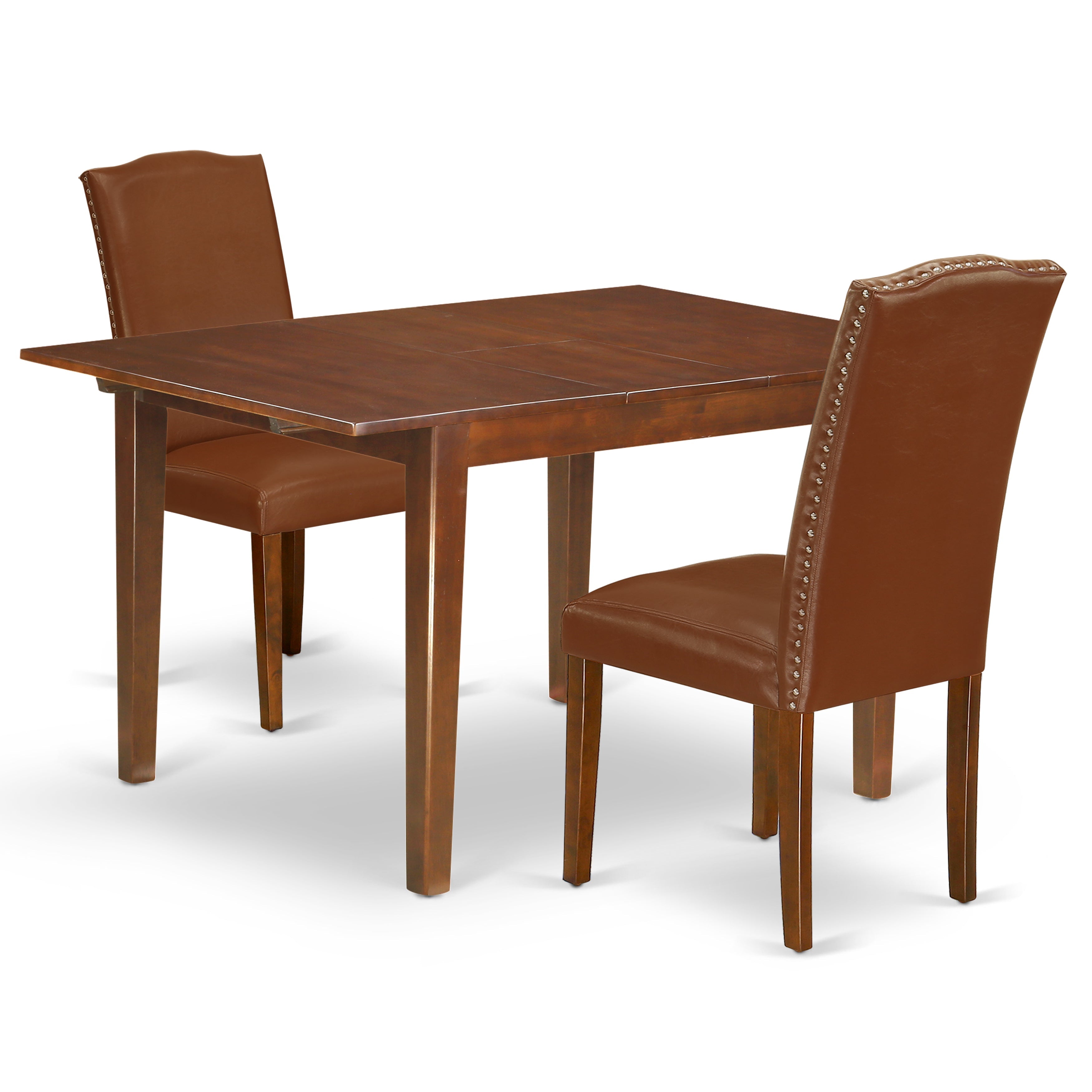 Juego de mesa de cocina de 3 piezas East West Furniture NOEN3-MAH-66. Incluye una mesa de comedor rectangular con hojas de mariposa y 2 sillas tapizadas en piel sintética marrón.