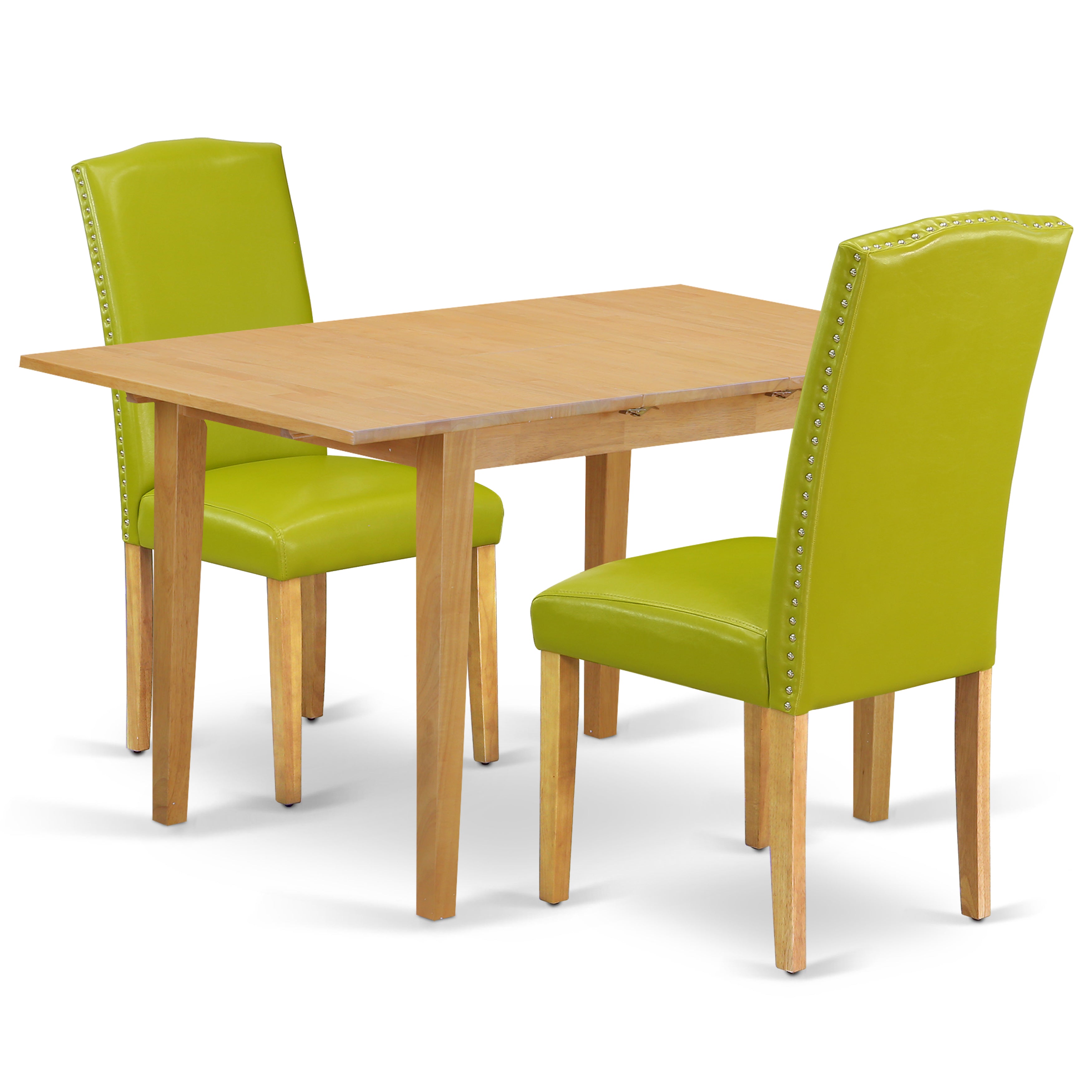 NOEN3-OAK-51 3Pc Rectangular 42/53.5" Table With 12 In Butterfly Leaf And A Pair Of Parson Chair With Oak Leg And Pu Leather Color Autumn Green