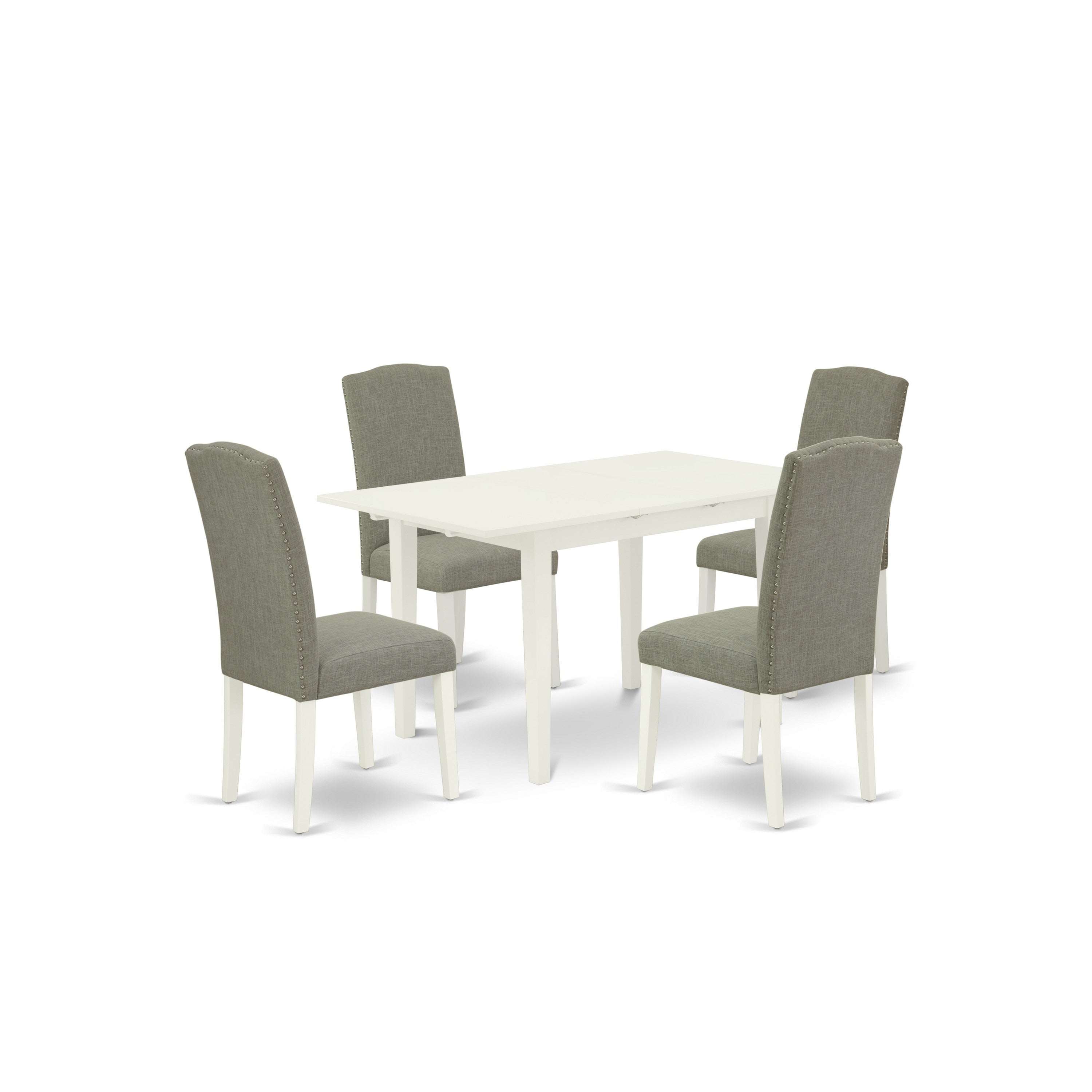 East West Furniture NOEN5-LWH-06 5-Piece Kitchen Table Set - Nail Head Parson Chairs with High Back and Upholstered Seat and Butterfly Leaf Rectangle Dining Table and 4 Legs - Linen White Finish