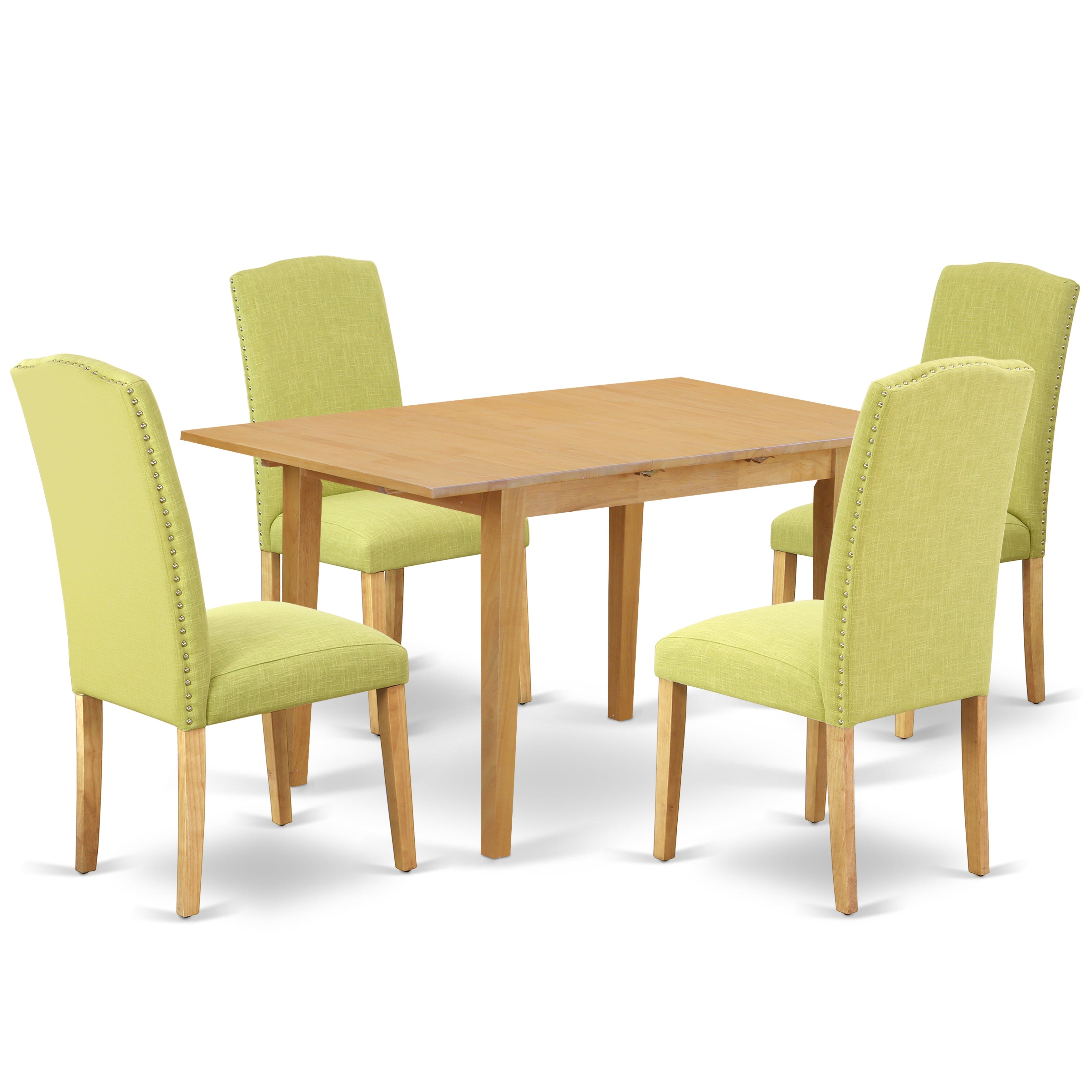 Juego de comedor de 5 piezas East West Furniture NOEN5-OAK-07. Incluye una mesa de comedor rectangular con hojas de mariposa y 4 sillas tapizadas en tela de lino Limelight.