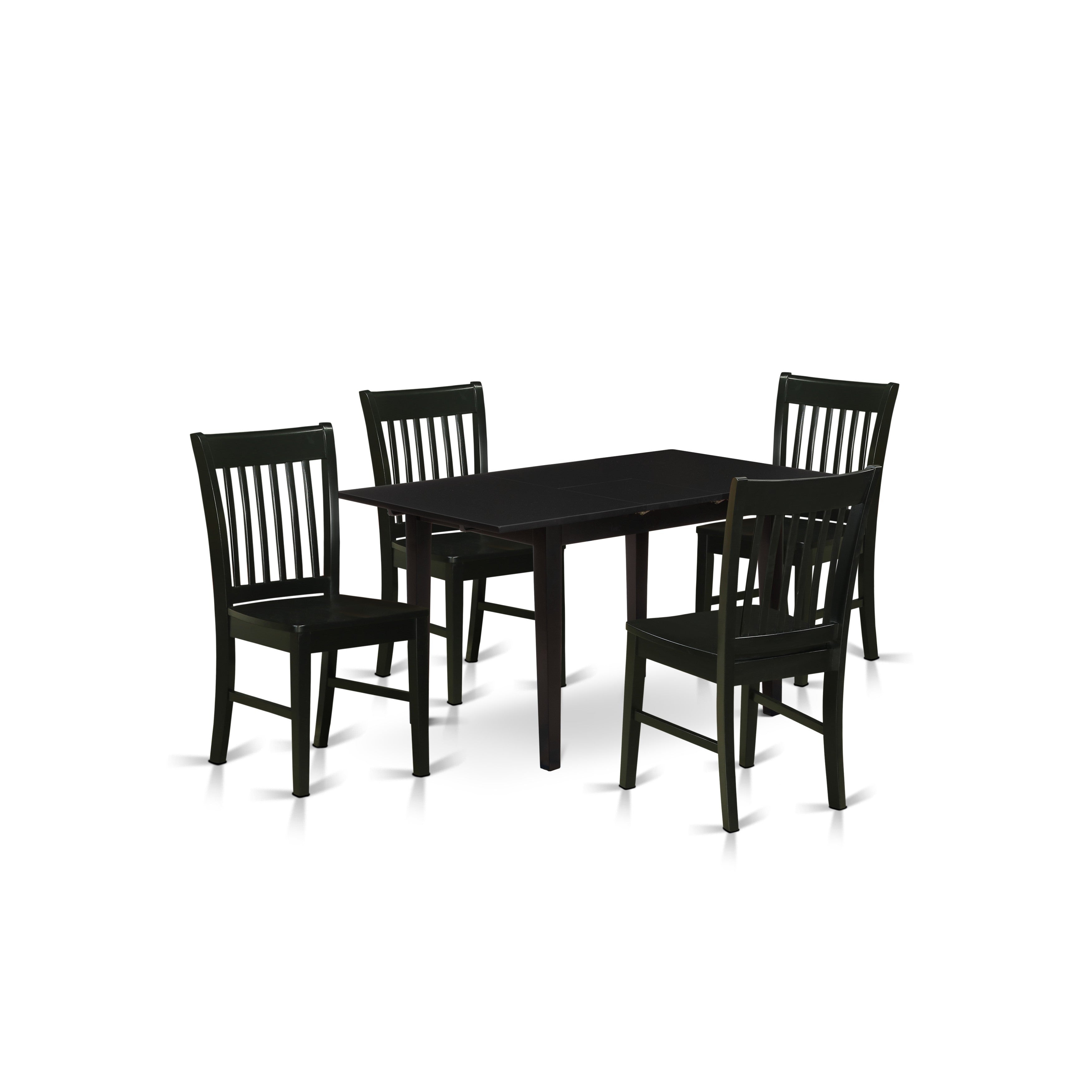 East West Furniture NOFK5-BLK-W 5-Pc Kitchen Table Set 4 Dining Chairs with Slatted Back and wooden seat - Butterfly Leaf Small Wooden Dining Table with Rectangular Top and 4 Legs- Black Finish