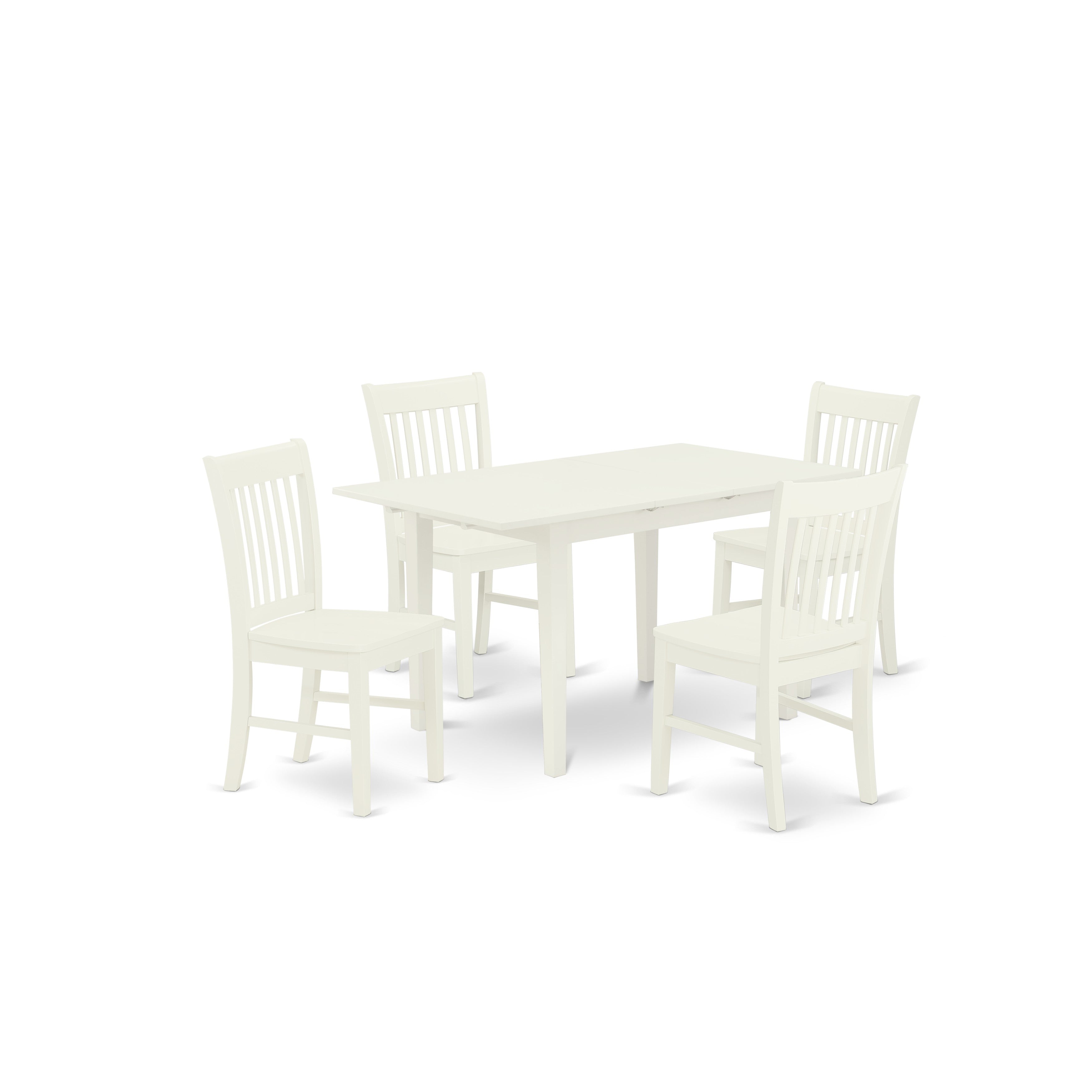 East West Furniture NOFK5-LWH-W 5-Piece Rectangular Dinette Set 4 Modern Dining Chairs with Slatted Back and wooden seat - Butterfly Leaf Dining Table with Rectangular Top and 4 Legs- Linen White Finish