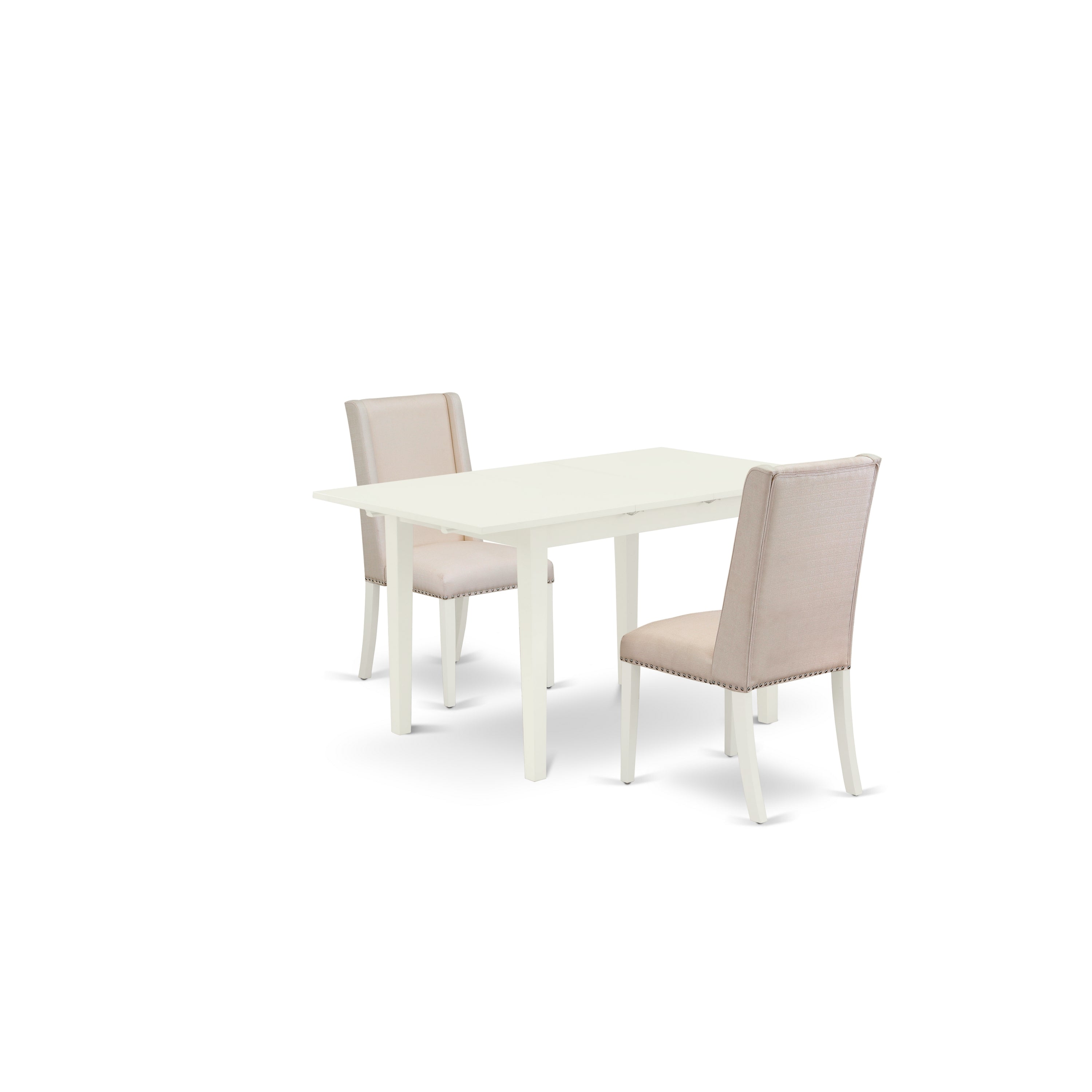 East West Furniture NOFL3-LWH-01 3-Piece Dinette Set - Nail Head Kitchen Chairs with High Back and Upholstered Seat and Butterfly Leaf Rectangular Wood Table and 4 Legs - Linen White Finish