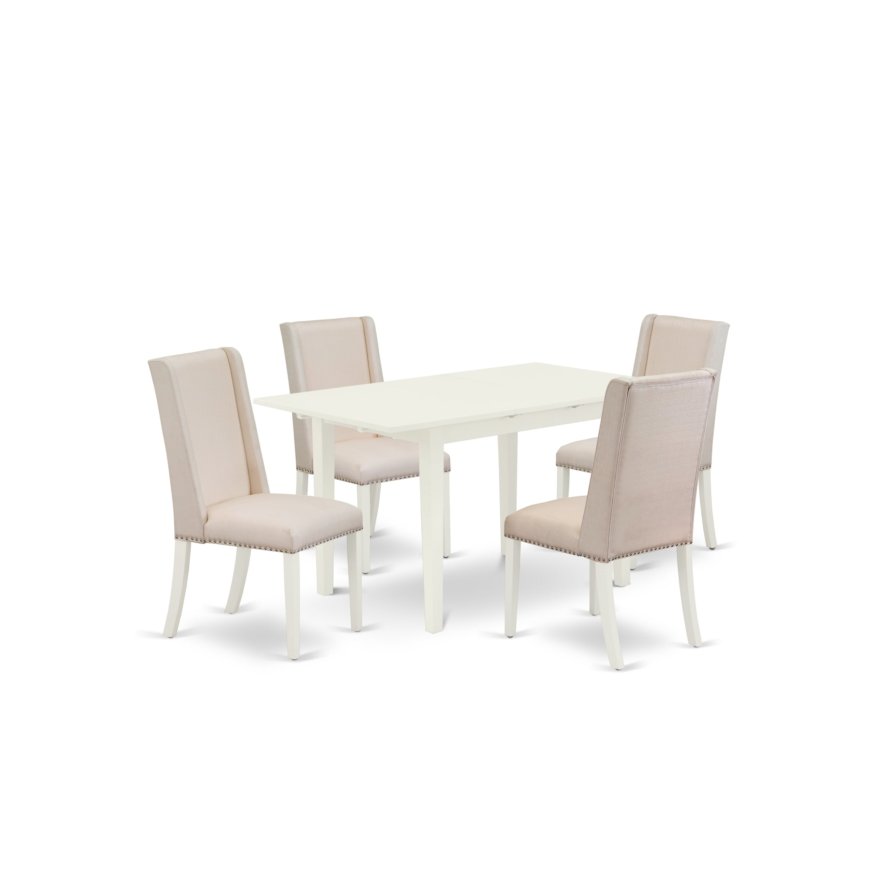 East West Furniture NOFL5-LWH-01 5-Piece Kitchen Table Set - Nail Head Parsons Dining Chairs with High Back and Upholstered Seat and Butterfly Leaf Rectangular Wood Dining Table and 4 Legs - Linen White Finish