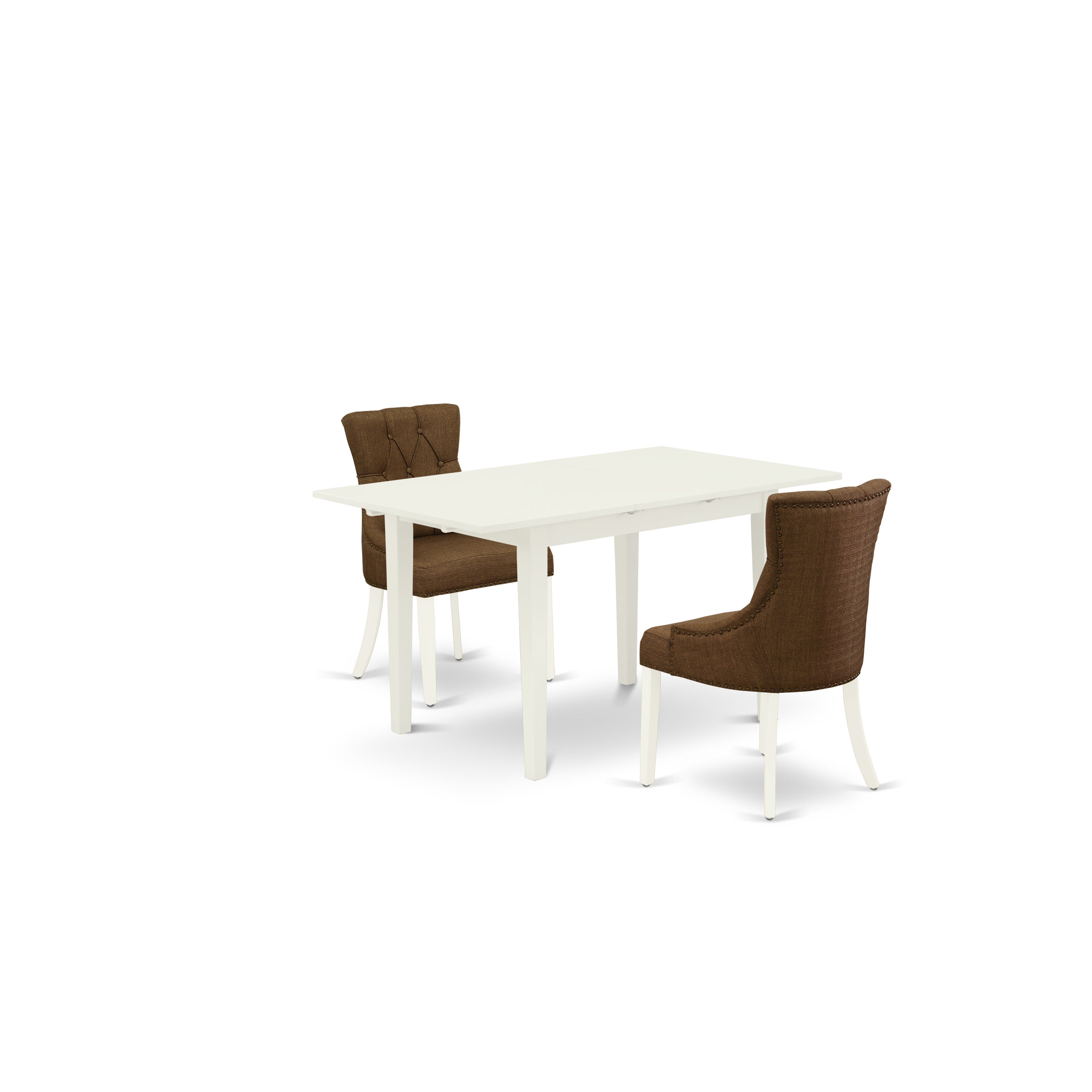 Juego de mesa y sillas de cocina de 3 piezas East West Furniture NOFR3-LWH-18. Incluye una mesa de comedor rectangular con hojas de mariposa y 2 sillas Parson de tela de lino marrón.