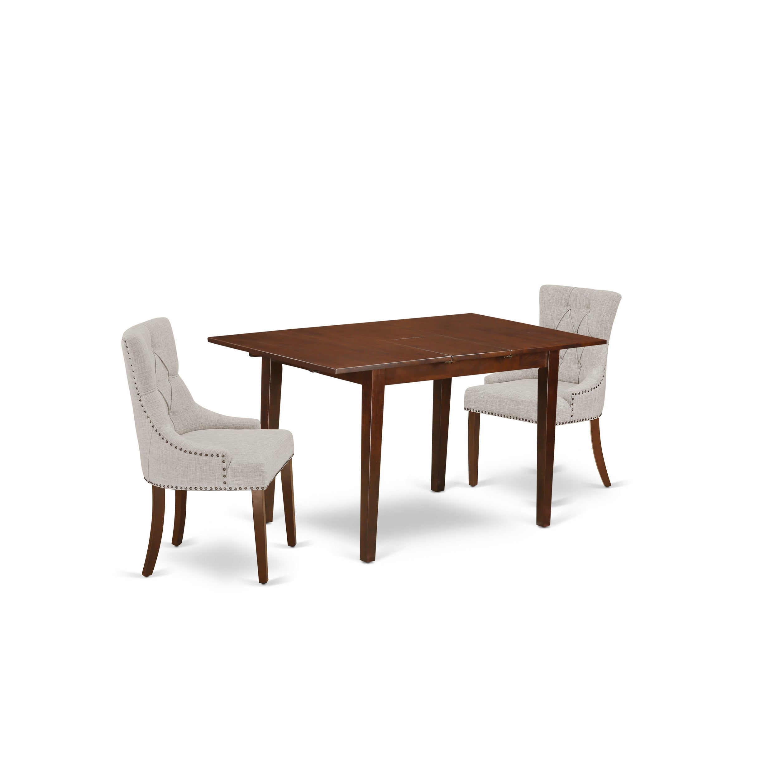 Juego de mesa de cocina de 3 piezas East West Furniture NOFR3-MAH-05. Incluye una mesa de comedor rectangular con diseño de hojas de mariposa y dos sillas Parsons de tela de lino y piel de venado.