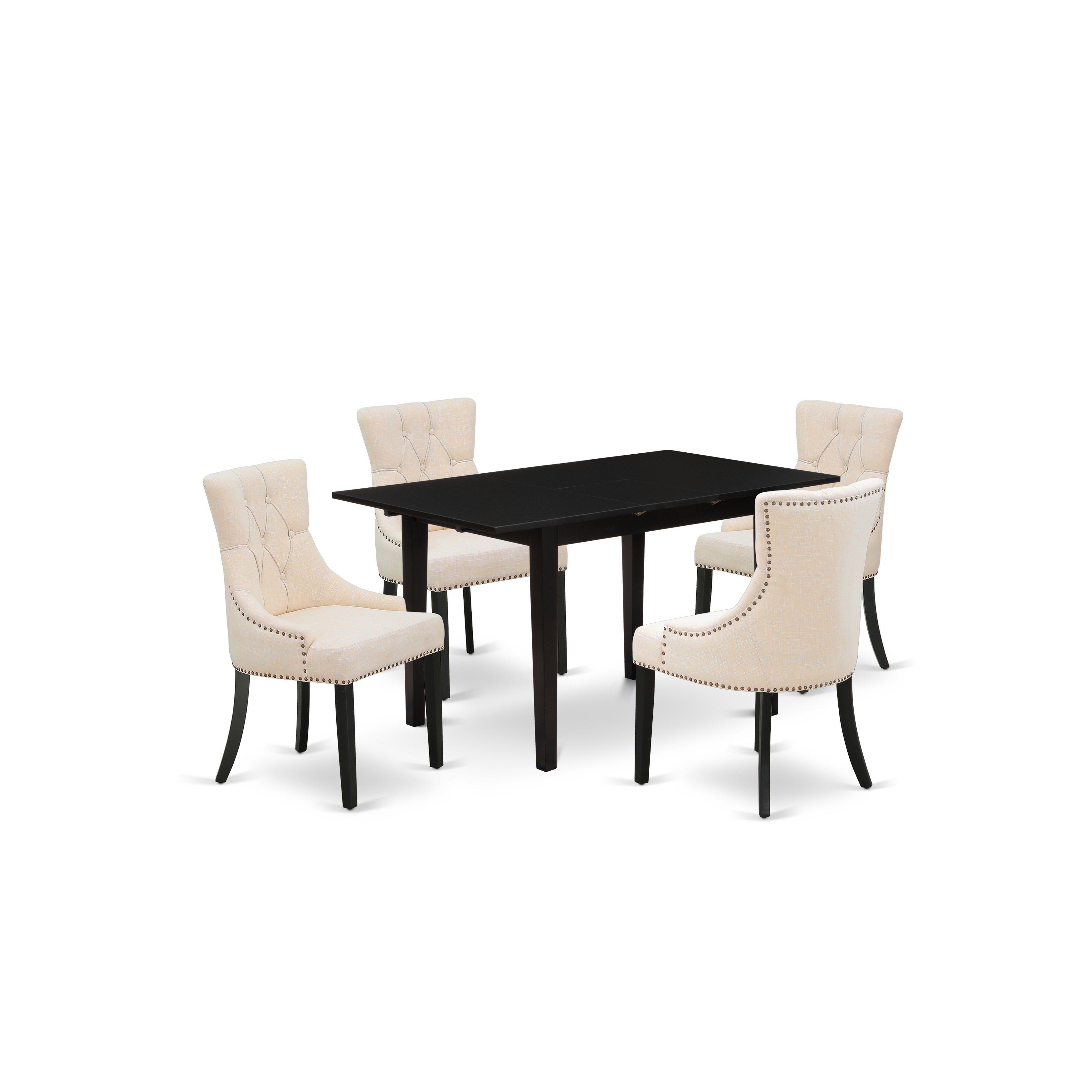East West Furniture NOFR5-BLK-02 5-Pc Wood Dining Table Set - 4 Wooden Padded Chairs with Button Tufted Nail Head Back and Upholstered Seat and Butterfly Leaf Rectangular Rectangle Table and 4 Legs - Black Finish