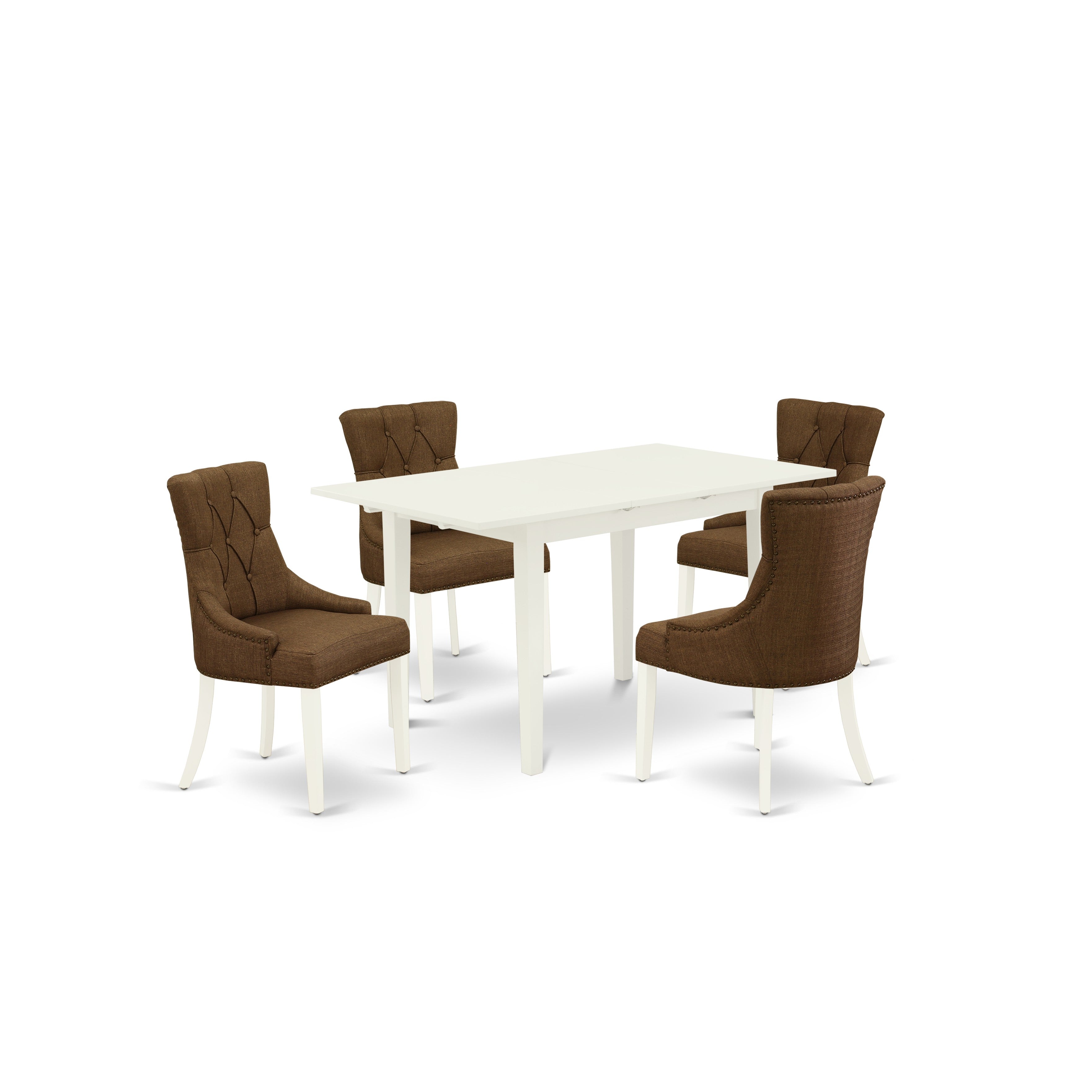 Juego de mesa de comedor de 5 piezas East West Furniture NOFR5-LWH-18. Incluye una mesa de cocina rectangular con hojas de mariposa y 4 sillas tapizadas en tela de lino marrón.