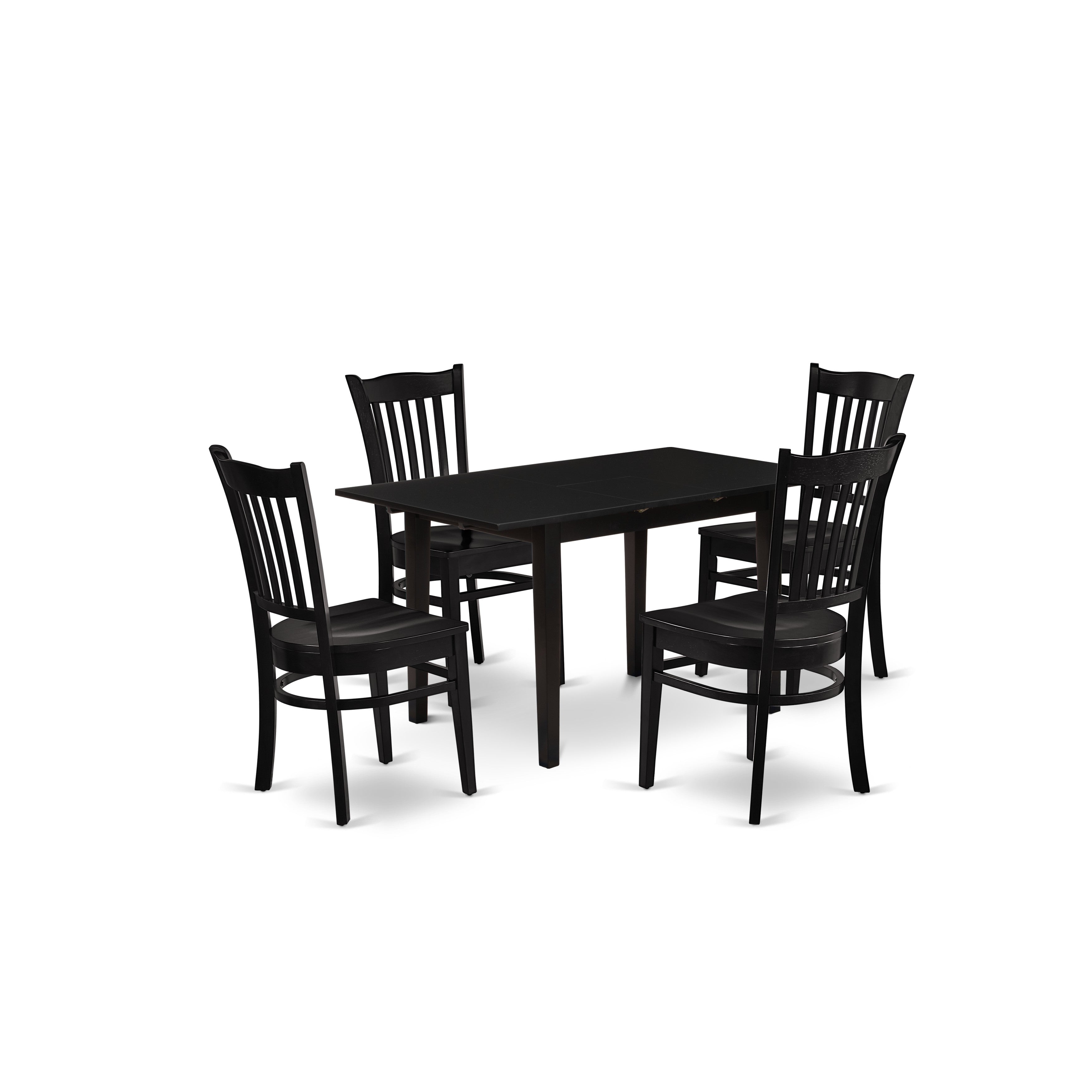 East West Furniture NOGR5-BLK-W 5-Pc Rectangular dining table set 4 dining chairs with Slatted Back and wooden seat and Butterfly leaf table with Rectangular Top and 4 Legs- Black Finish