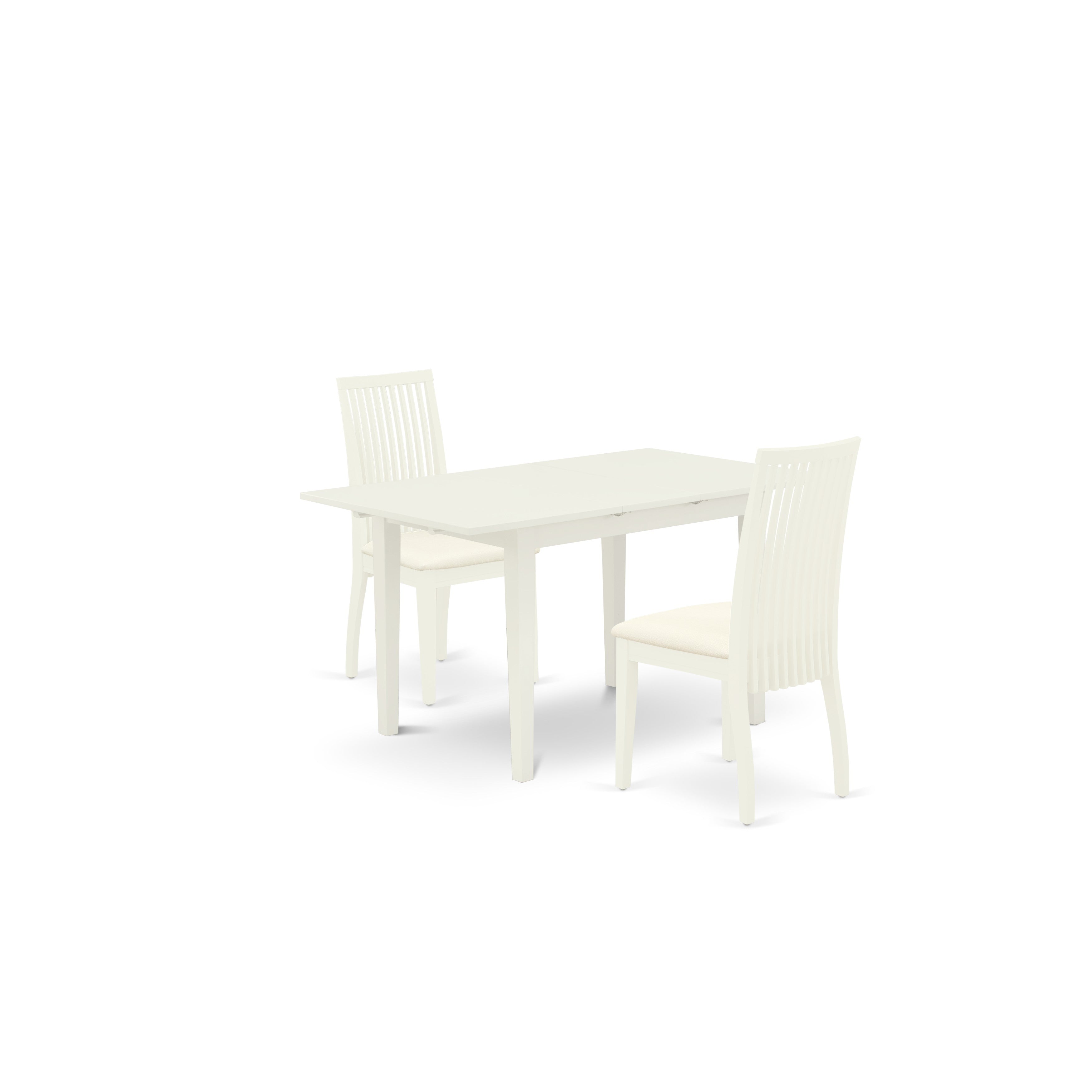 East West Furniture NOIP3-LWH-C 3-Pc Wooden Dining Table Set 2 Dining Chair with Slatted Back and a Linen Fabric Seat and Butterfly leaf Kitchen Dining Table with Rectangular Top and 4 Legs- Linen White Finish