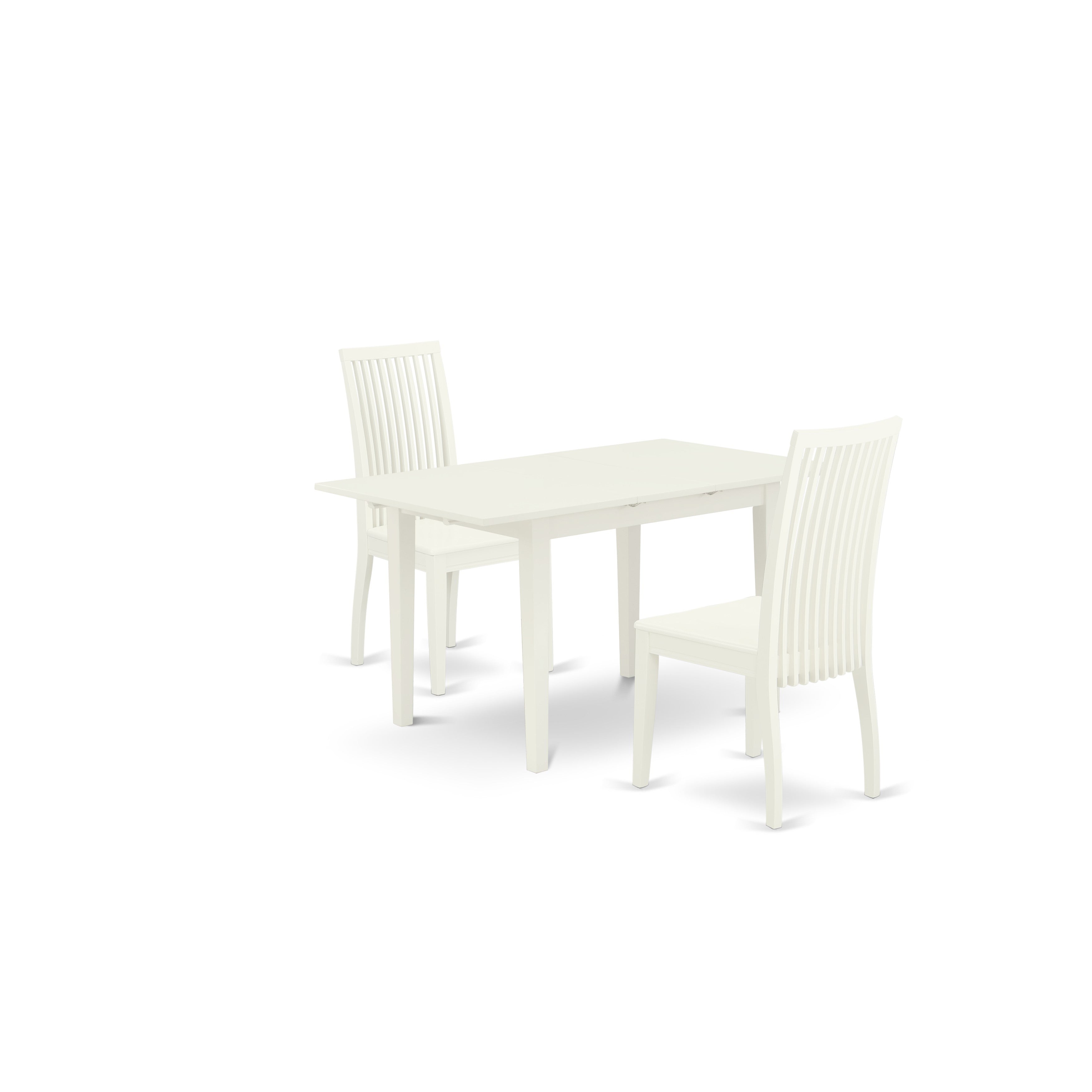 East West Furniture NOIP3-LWH-W 3-Piece Dining Set 2 Wooden Dining Chairs with Slatted Back and wooden seat and Butterfly Leaf Wood Dining Room Table with Rectangular Top and 4 Legs- Linen White Finish